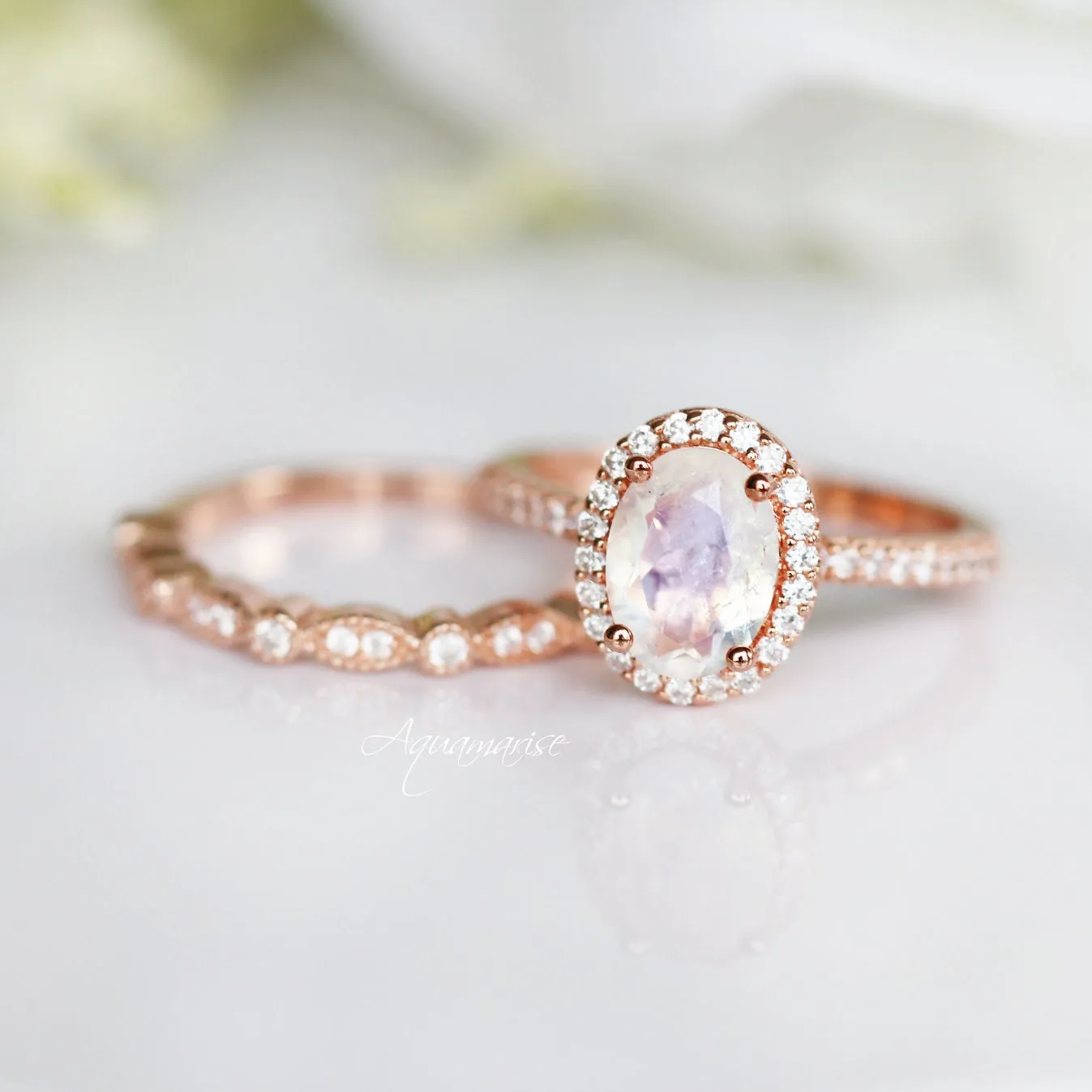 Iris Rainbow Moonstone Ring- 14K Rose Gold Vermeil