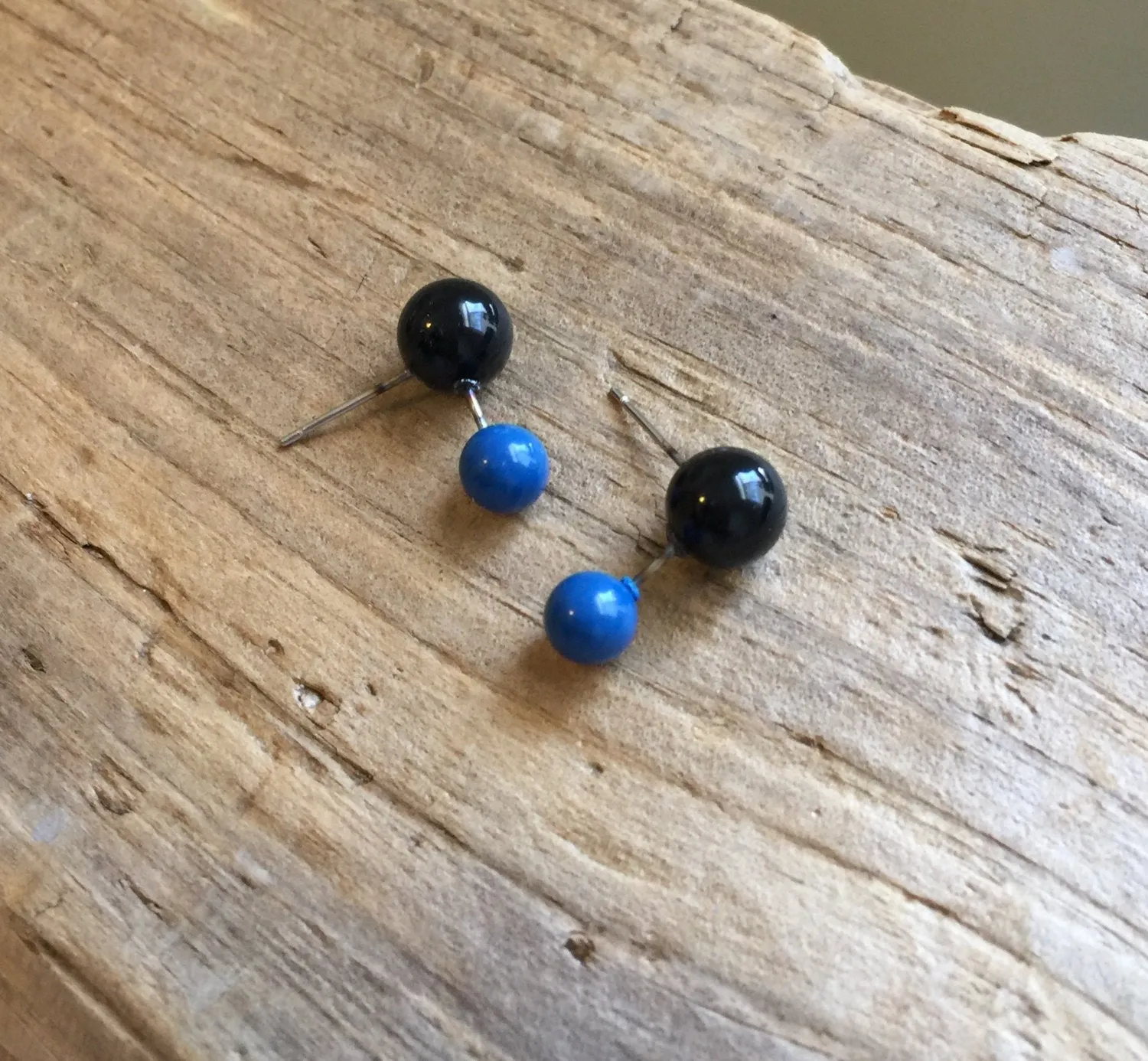 Jet Black and Aqua Geo Stud Earrings