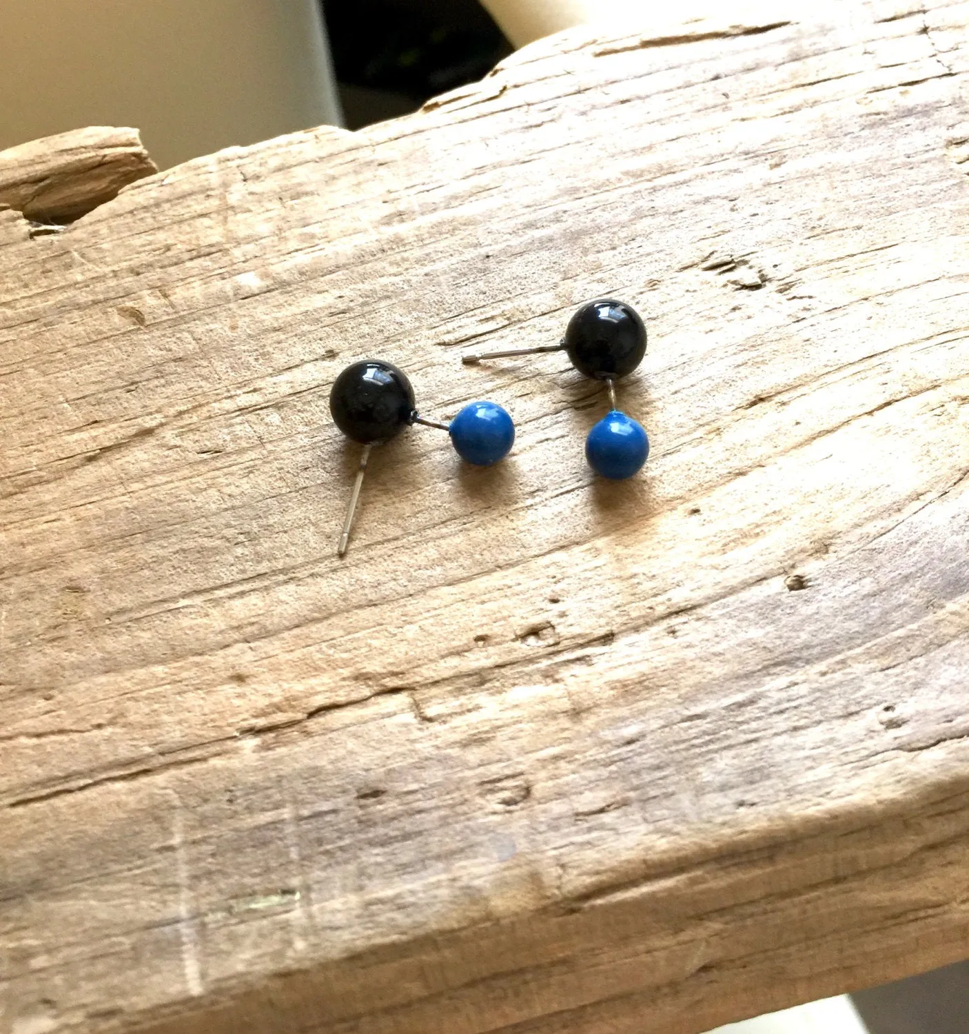 Jet Black and Aqua Geo Stud Earrings