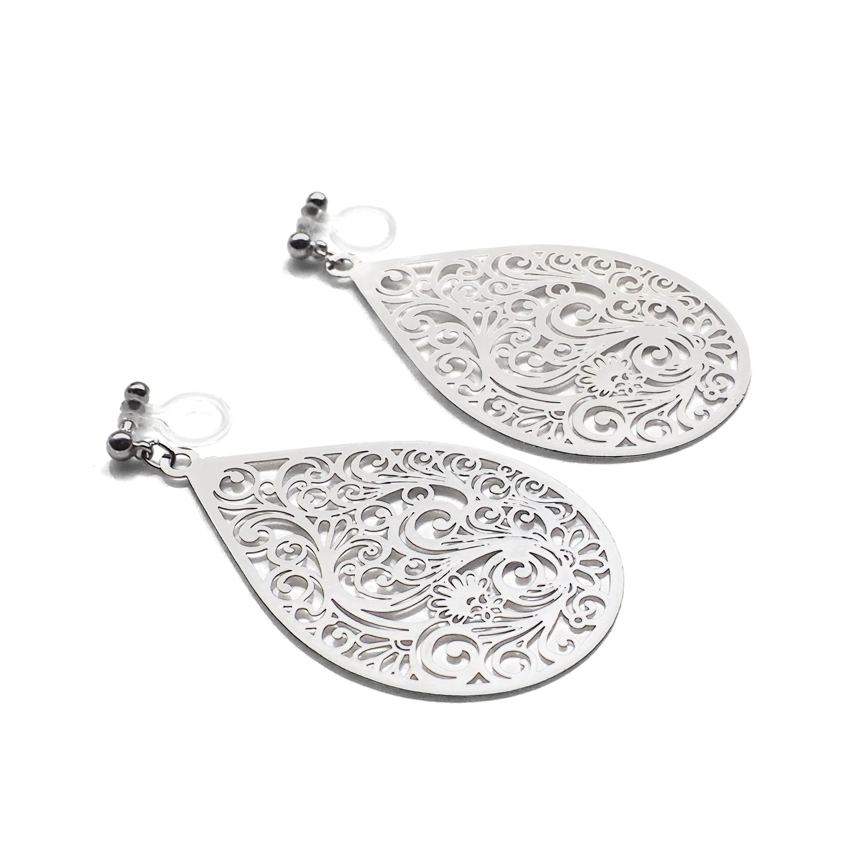 Large silver teardrop Victorian filigree invisible clip on earrings