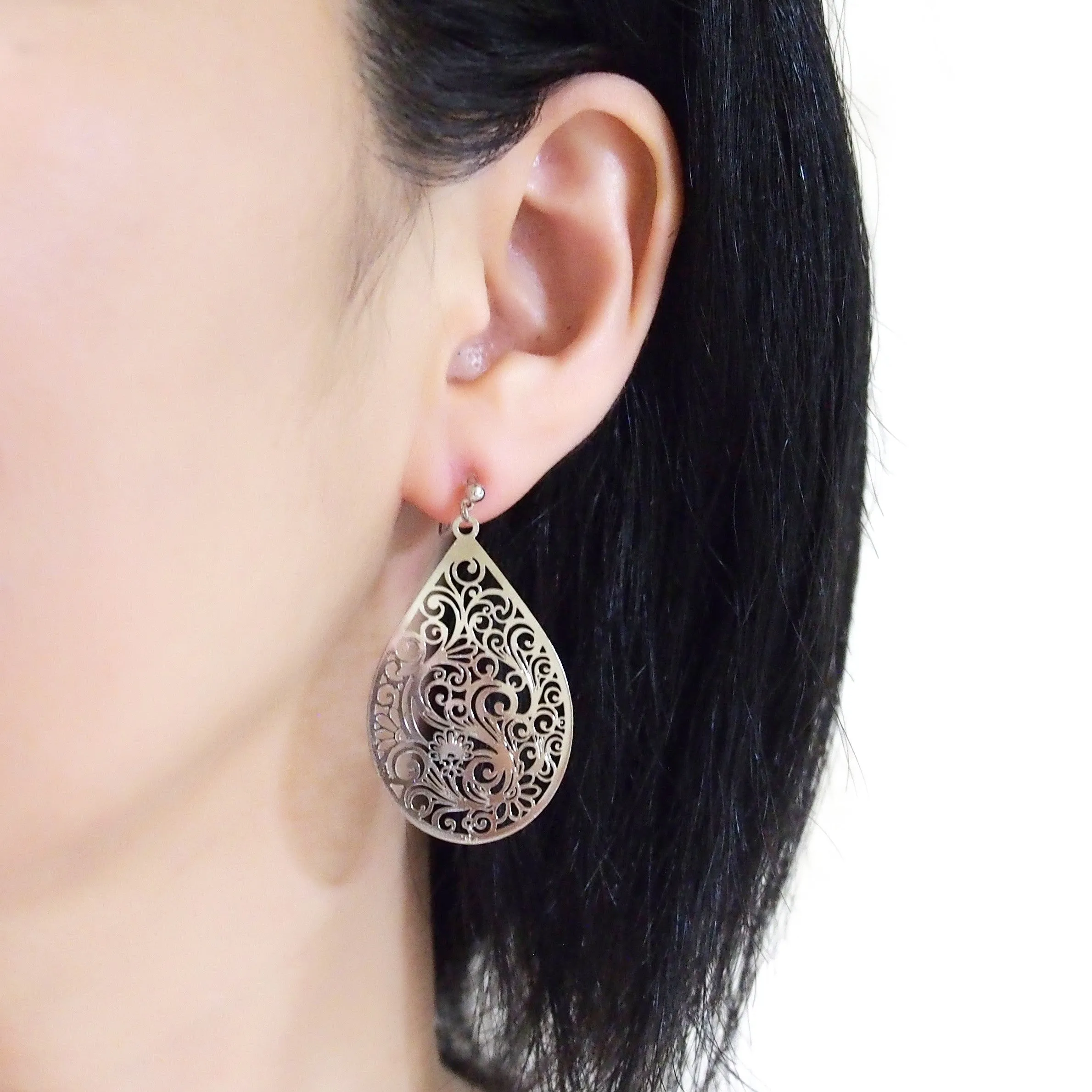 Large silver teardrop Victorian filigree invisible clip on earrings