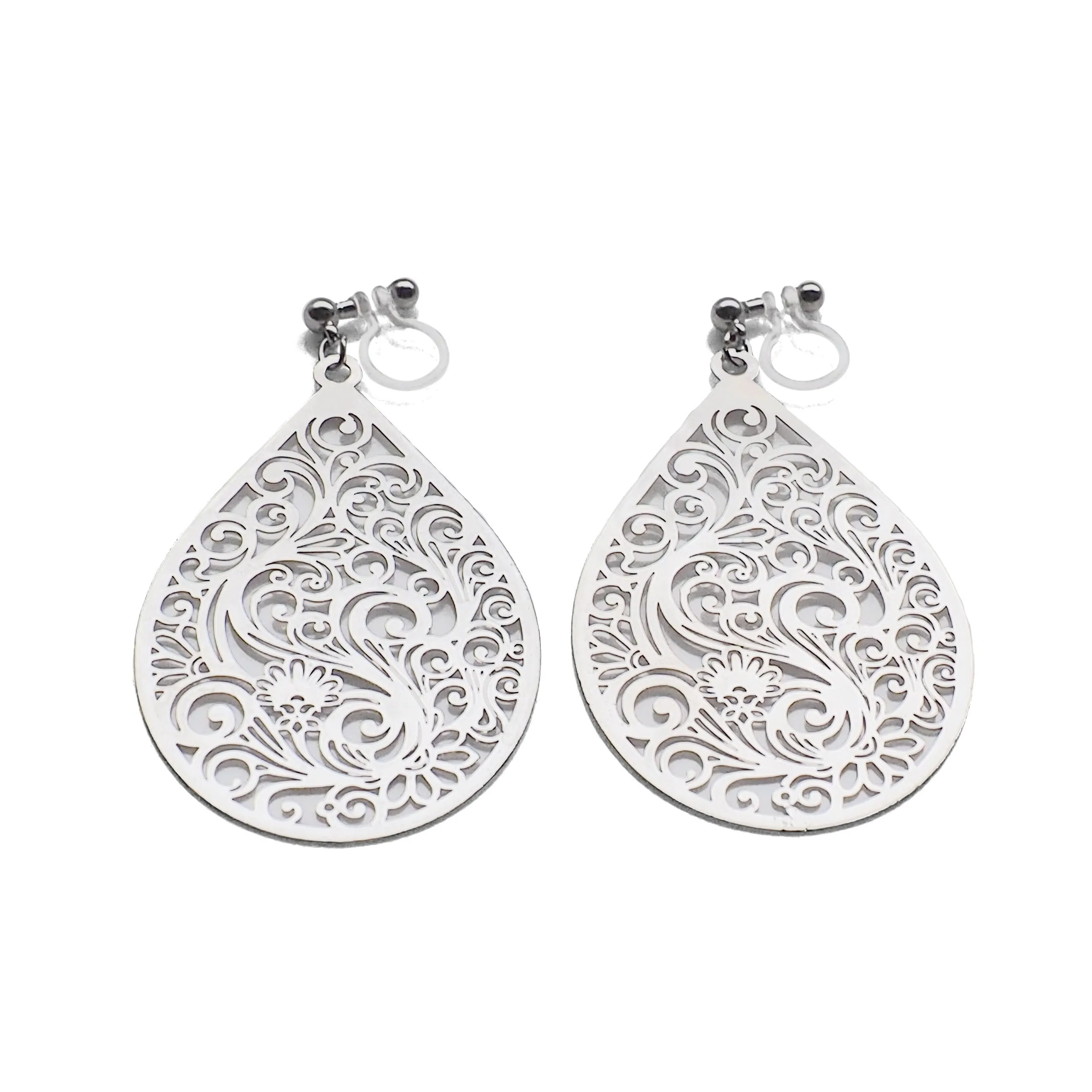 Large silver teardrop Victorian filigree invisible clip on earrings