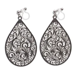 Large silver teardrop Victorian filigree invisible clip on earrings