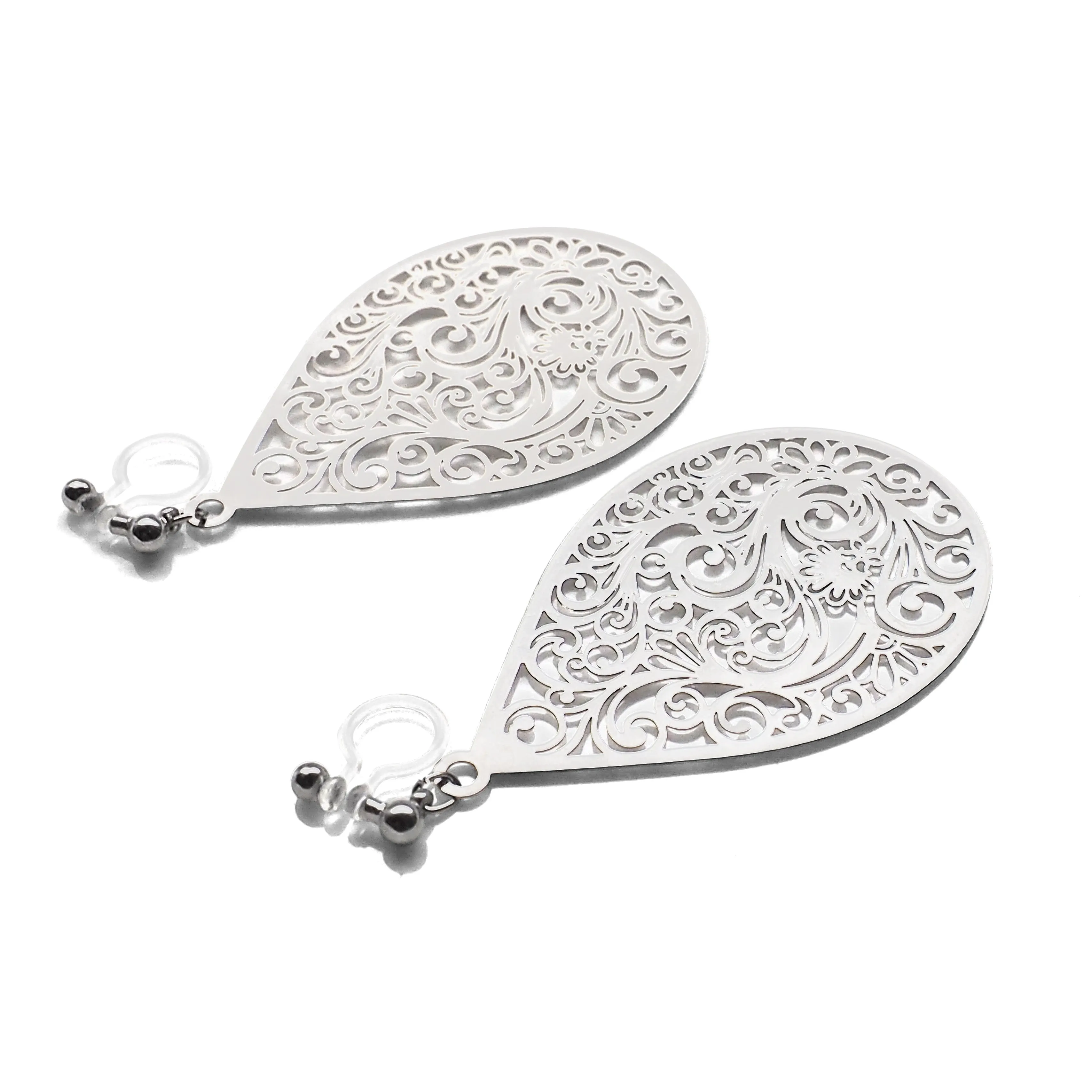 Large silver teardrop Victorian filigree invisible clip on earrings