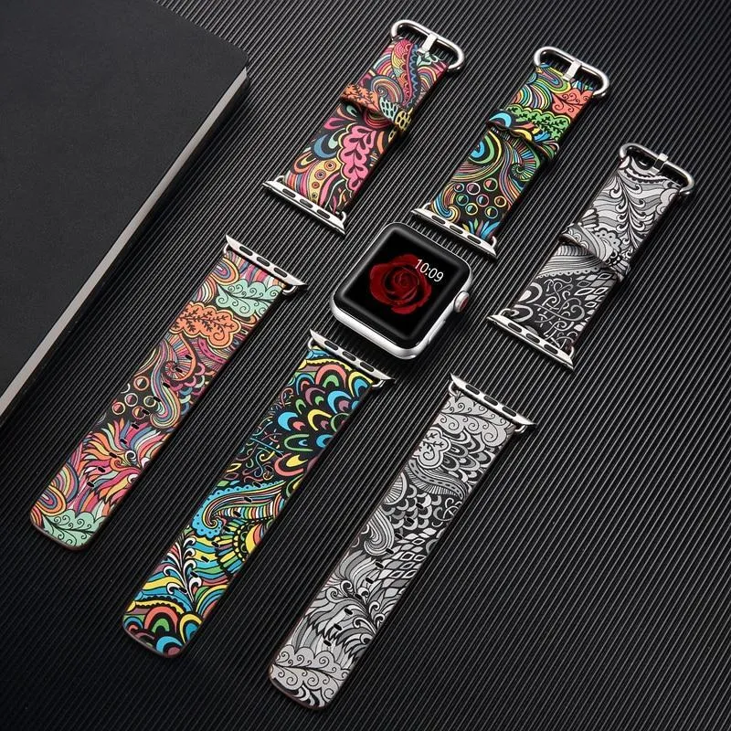 Leather Strap Correa Printing Flower Bracelet Watchband Pulseira 7 6 5