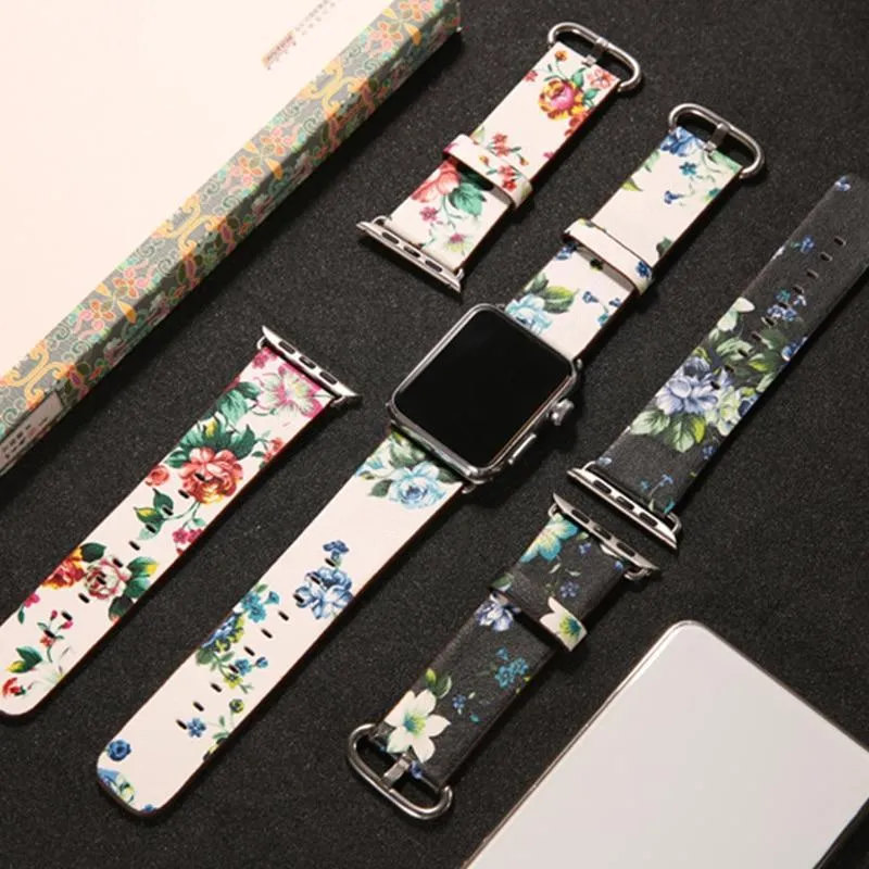 Leather Strap Correa Printing Flower Bracelet Watchband Pulseira 7 6 5