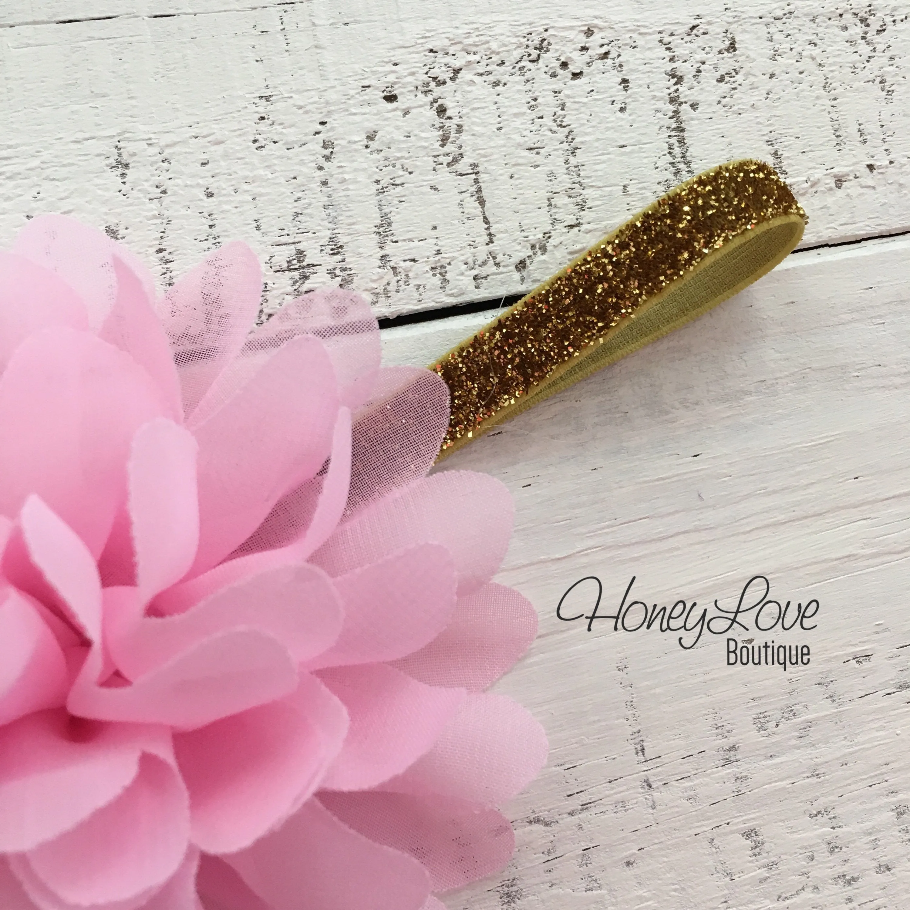 Light Pink fluffy flower headband - SILVER/GOLD glitter elastic