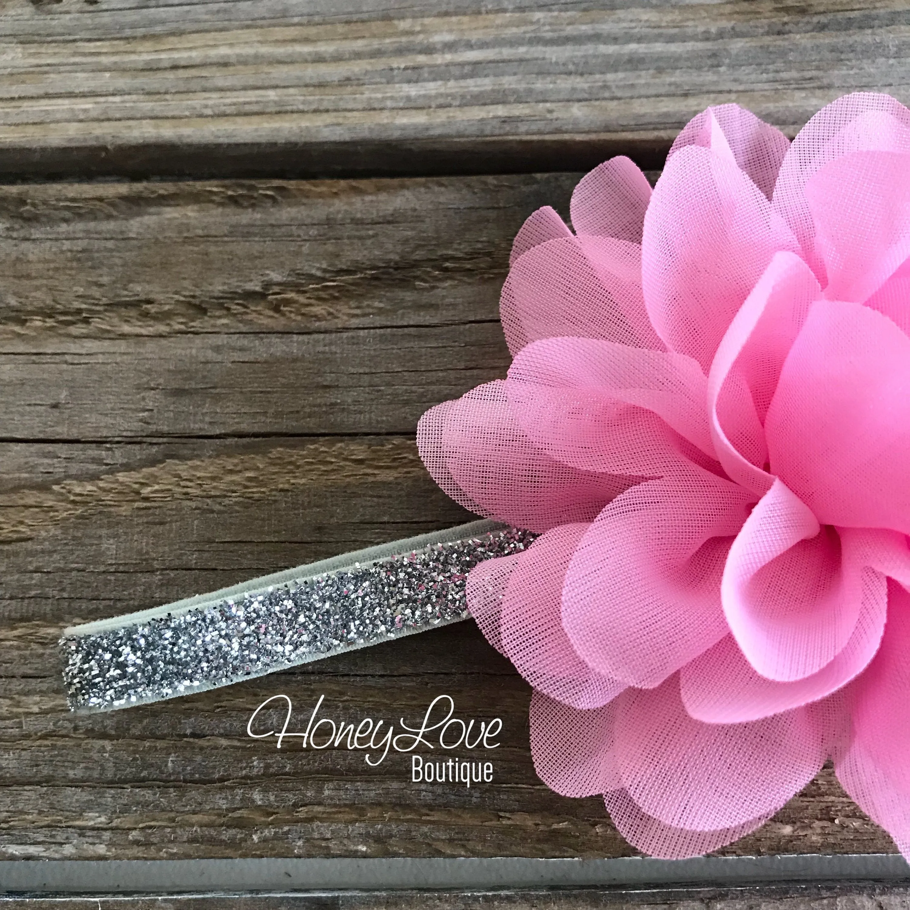 Light Pink fluffy flower headband - SILVER/GOLD glitter elastic