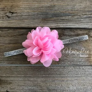 Light Pink fluffy flower headband - SILVER/GOLD glitter elastic