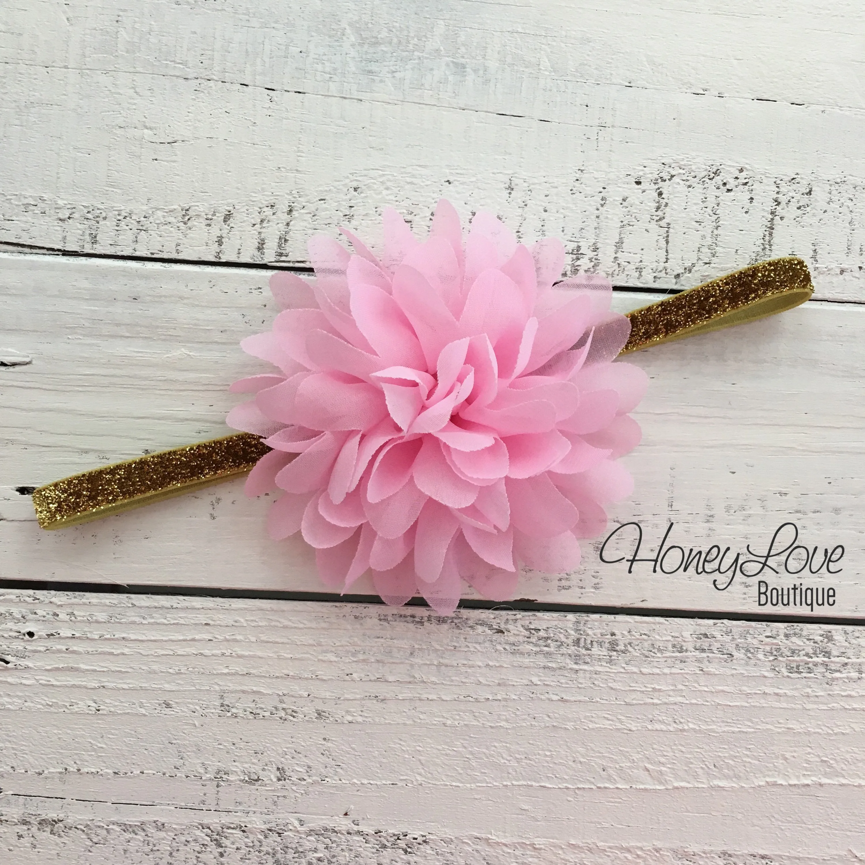 Light Pink fluffy flower headband - SILVER/GOLD glitter elastic