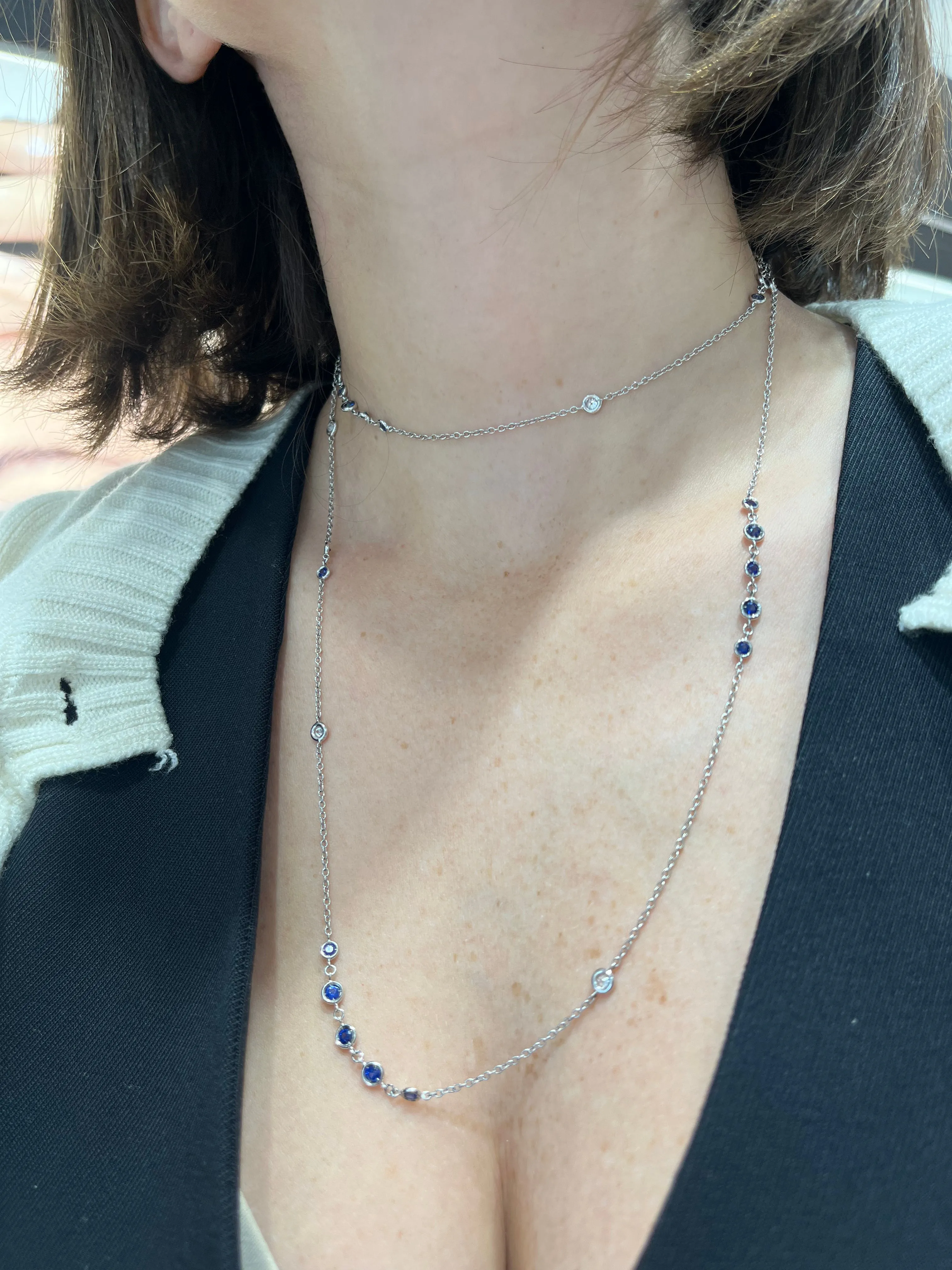 Long Diamond & Sapphire Bezel Station Necklace