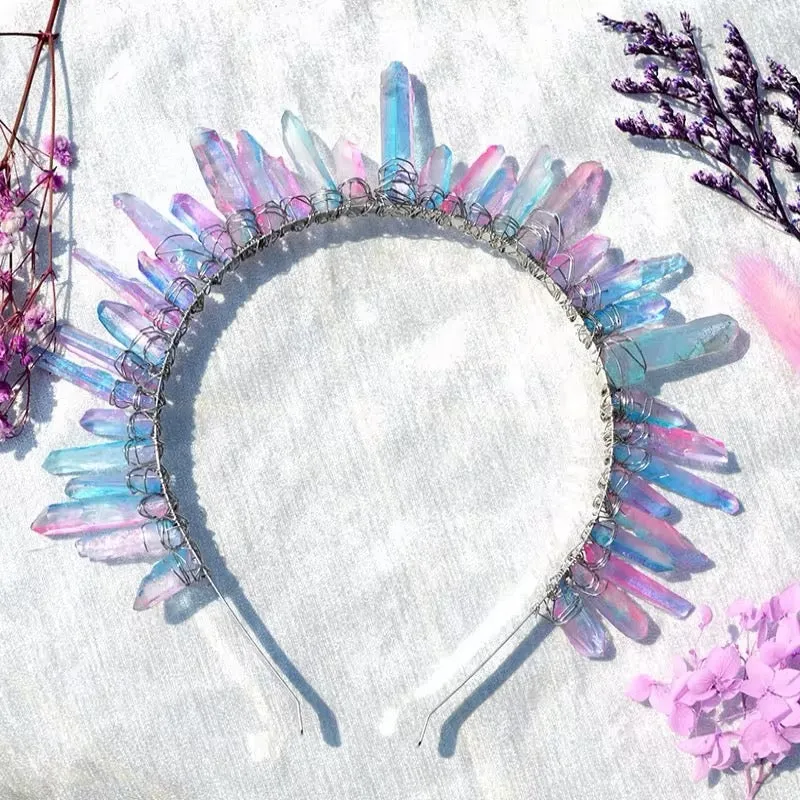 Luxury Crystal Quartz Tiara Bridal Racewear Crown Headdress Headband (Style 1) - Pinky Blue