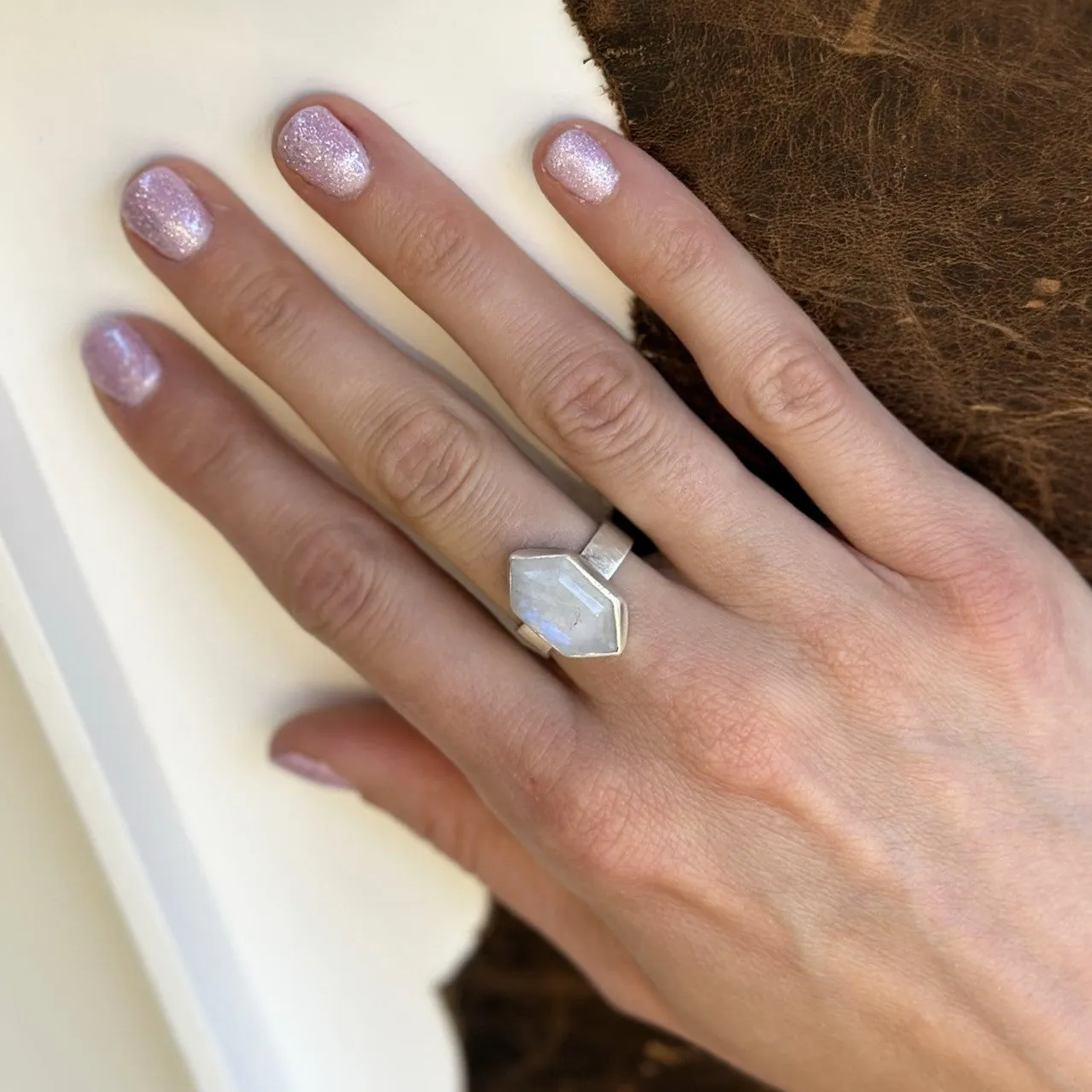 Moonstone Shield Ring on Hammered Band