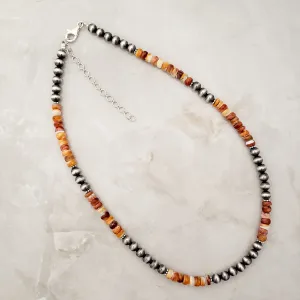 Navajo Pearls & Orange Spiny Oyster 6mm Necklace Sterling Silver