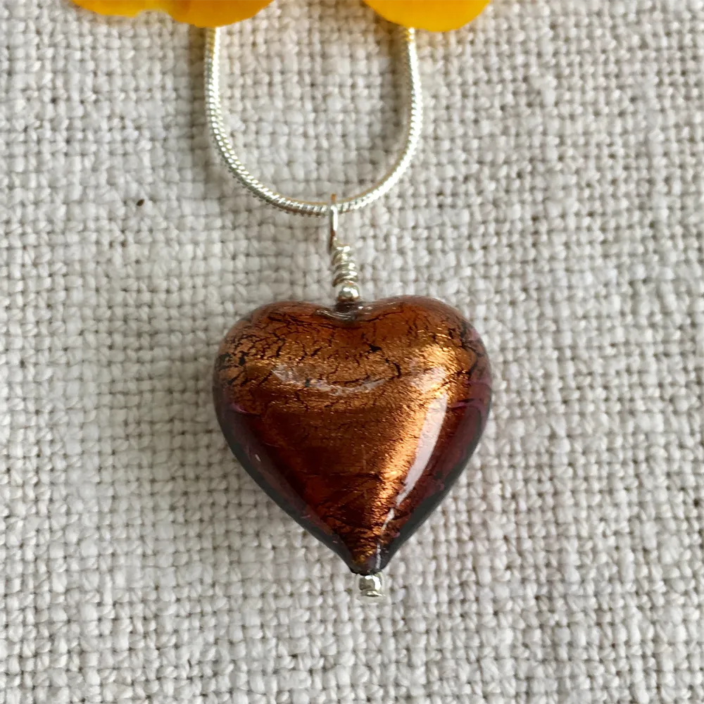 Necklace with golden brown (chocolate) Murano glass medium heart pendant on chain