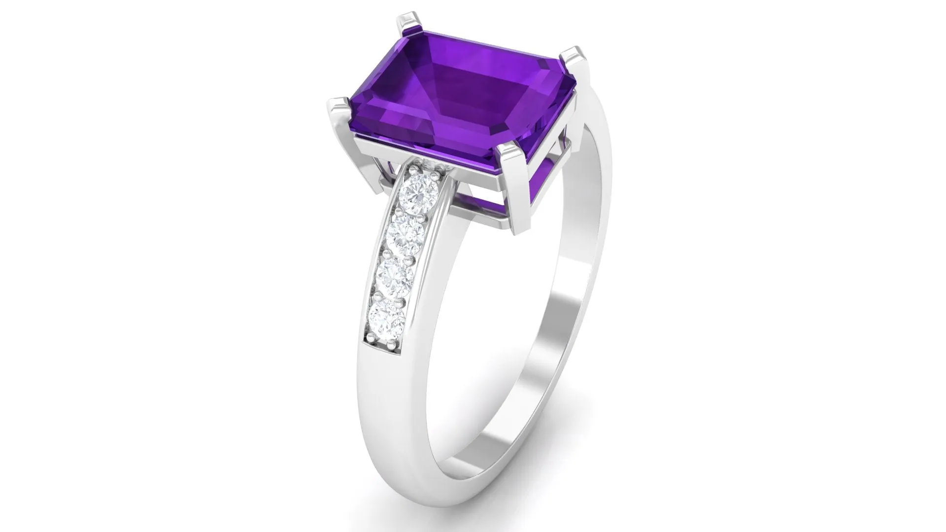 Octagon Cut Amethyst Solitaire Engagement Ring with Diamond Side Stones