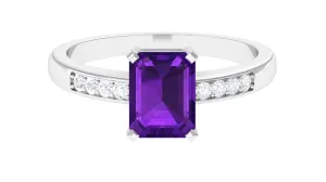 Octagon Cut Amethyst Solitaire Engagement Ring with Diamond Side Stones