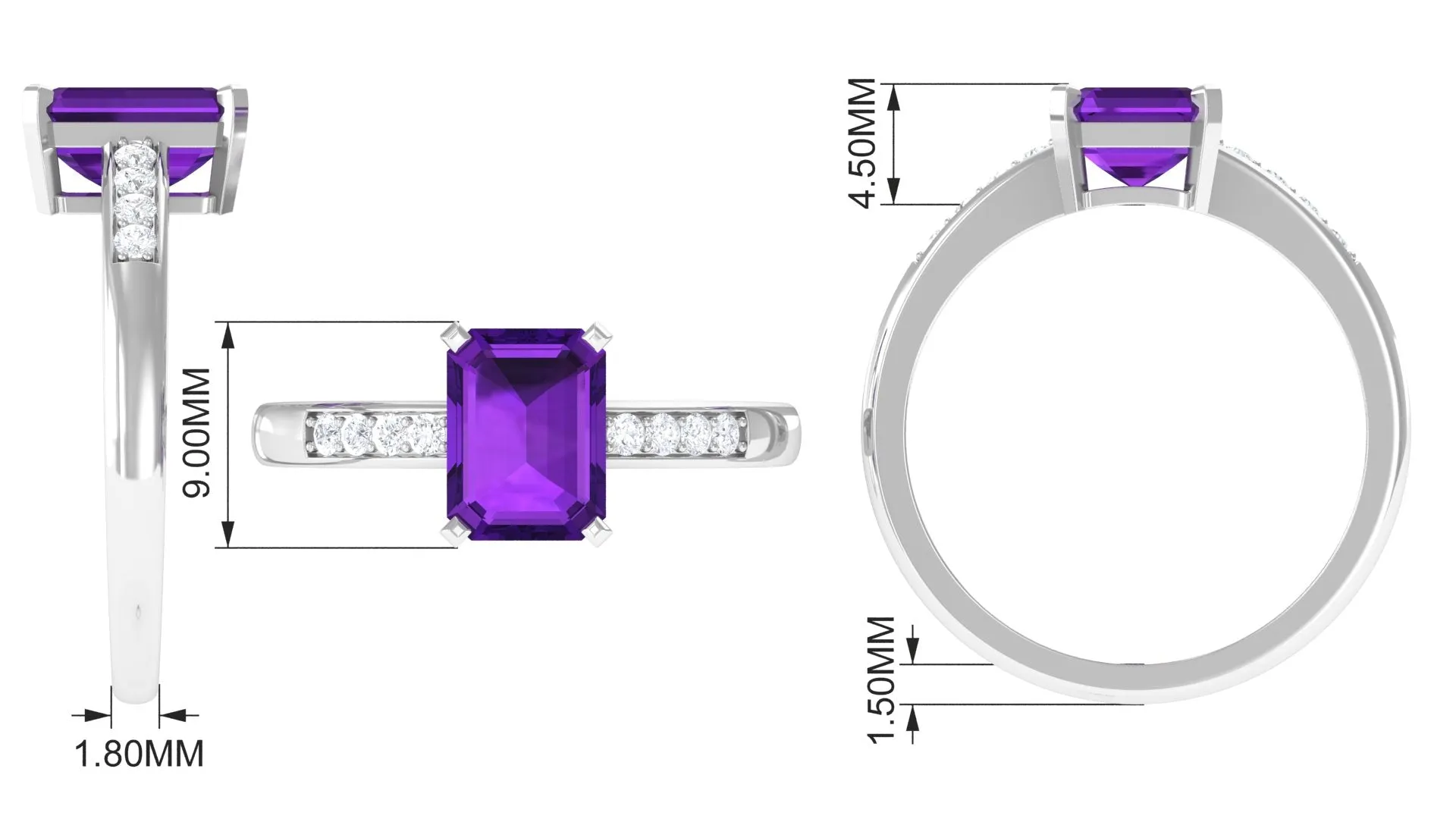 Octagon Cut Amethyst Solitaire Engagement Ring with Diamond Side Stones