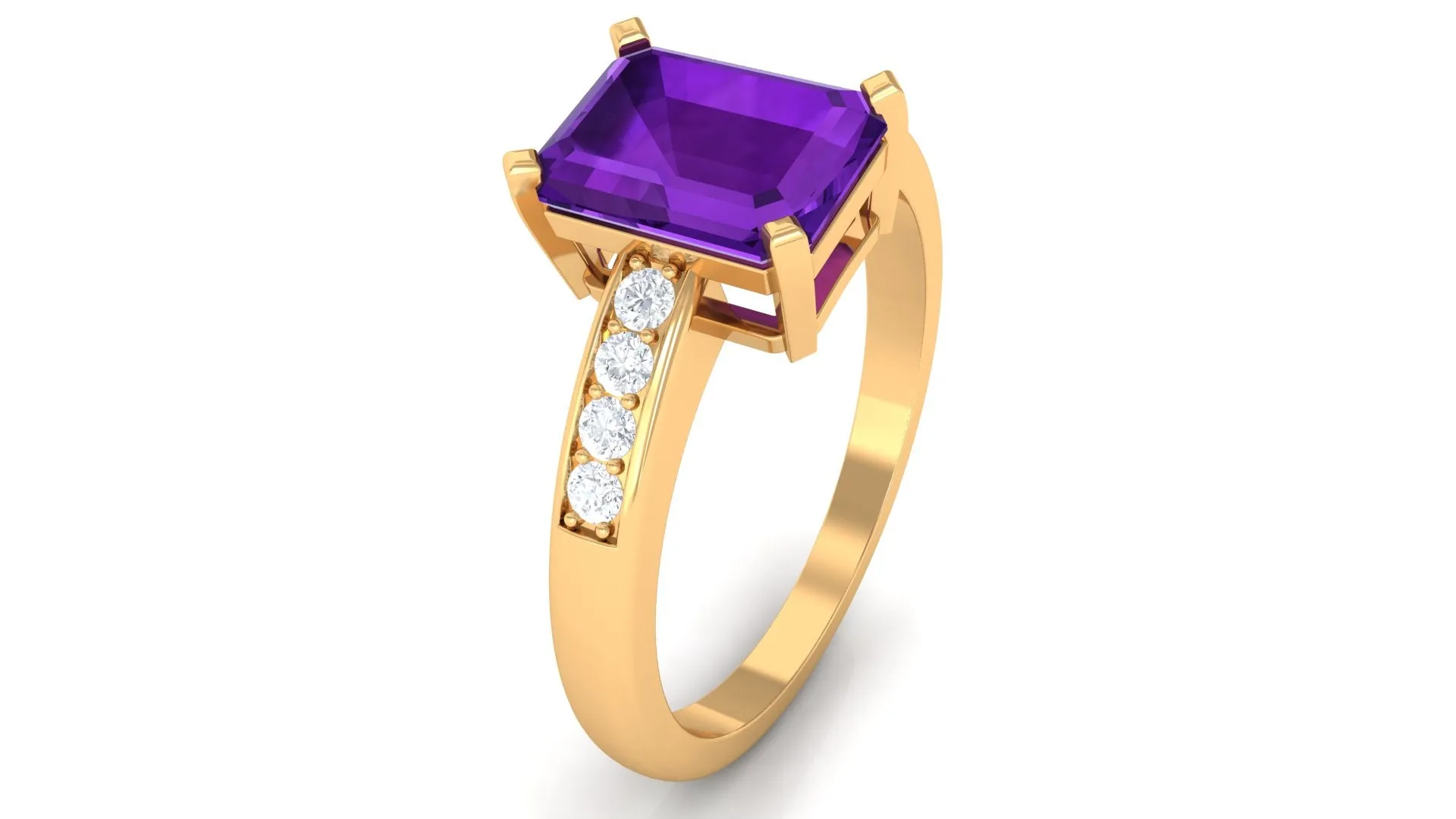 Octagon Cut Amethyst Solitaire Engagement Ring with Diamond Side Stones