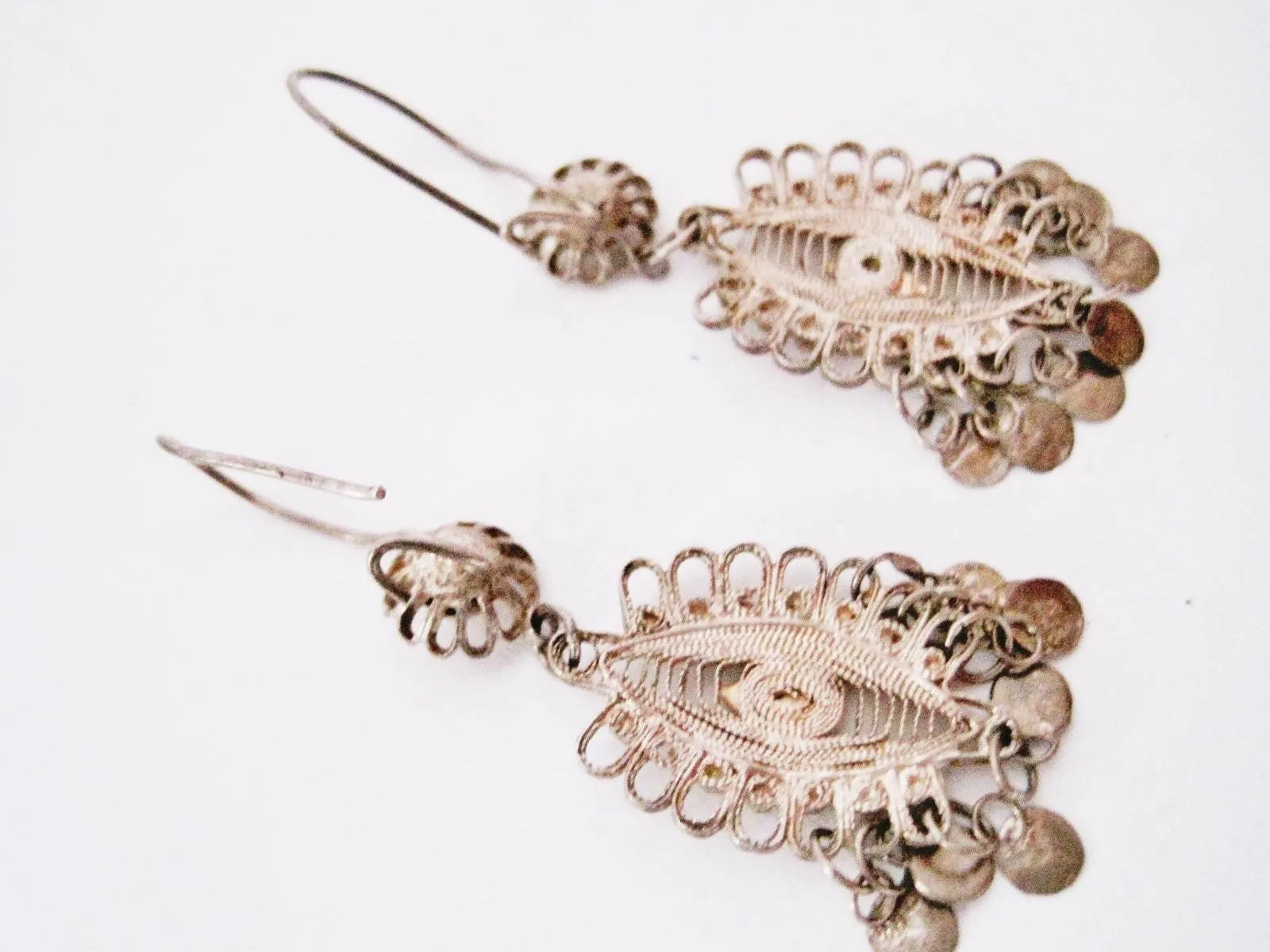 Old Turkish Silver Filigree Drop Earrings for Pierced Ears