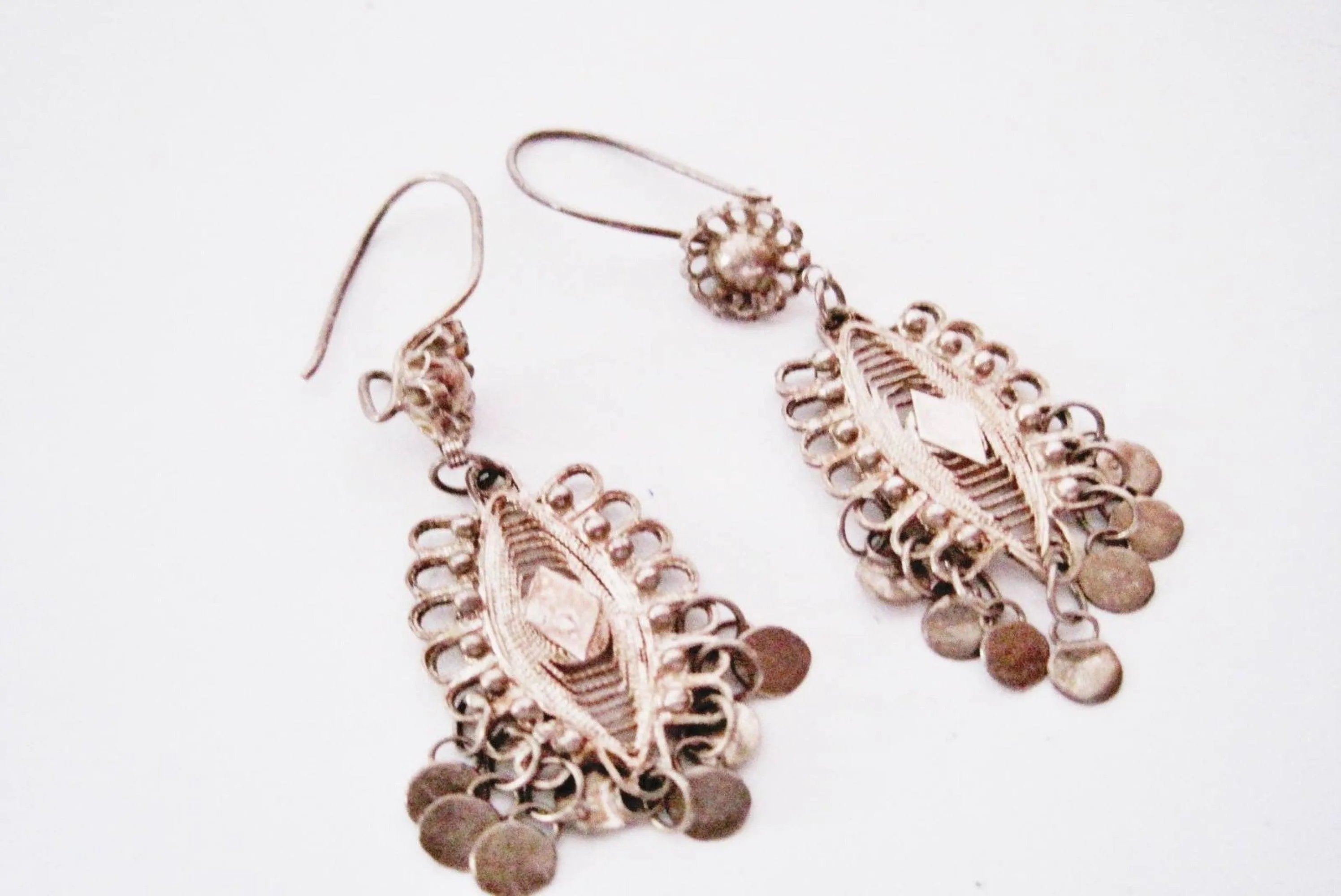 Old Turkish Silver Filigree Drop Earrings for Pierced Ears