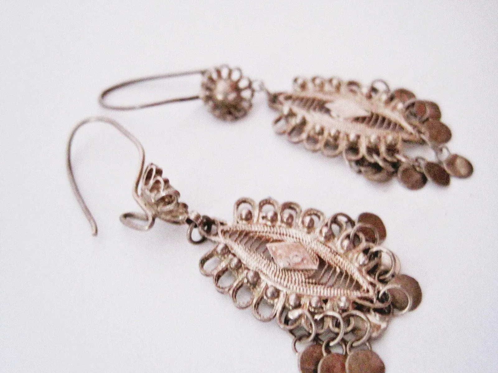 Old Turkish Silver Filigree Drop Earrings for Pierced Ears