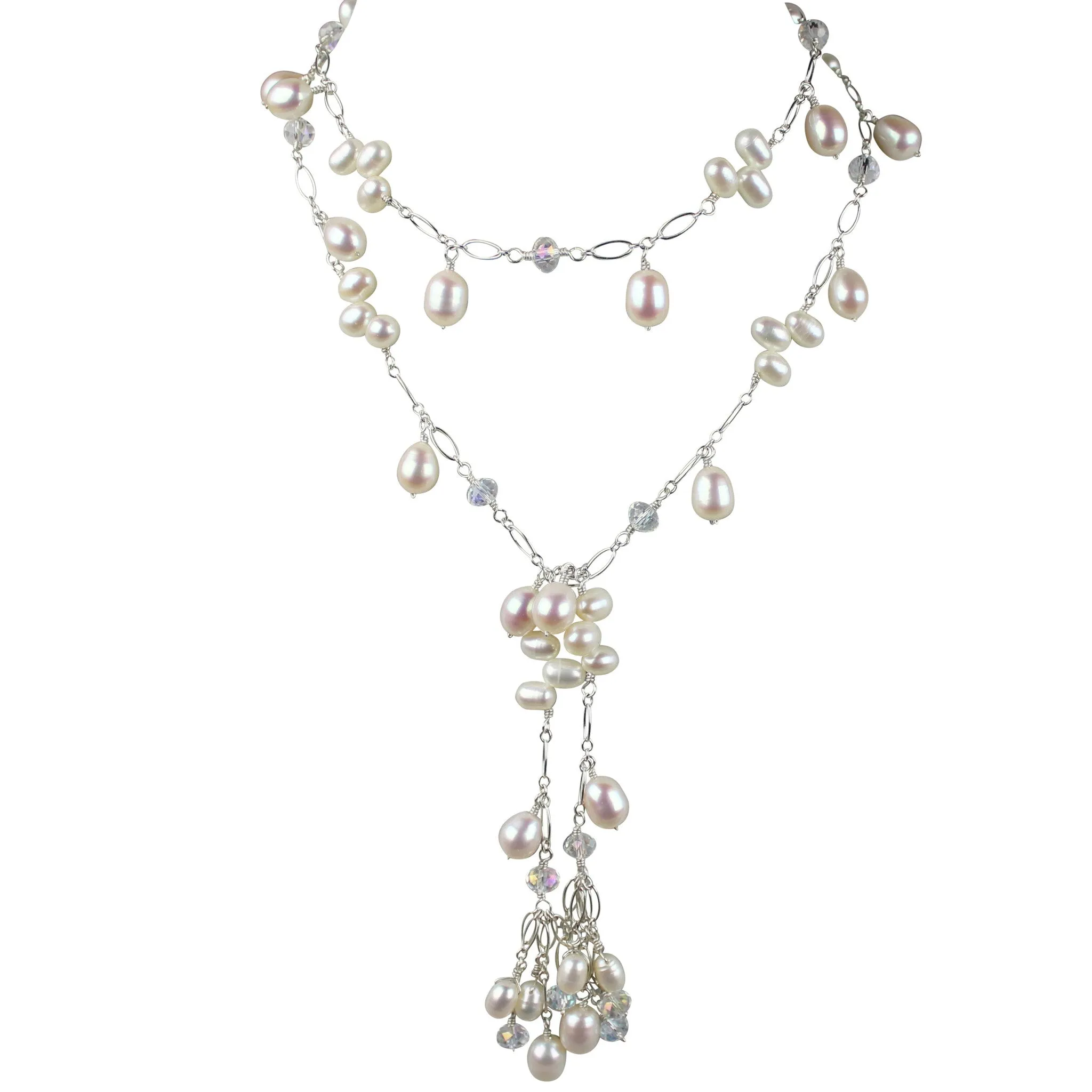 Pearl & Austrian Crystal Lariat Necklace | AAA 7-8.5mm  Rice & Dancing Freshwater Cultured