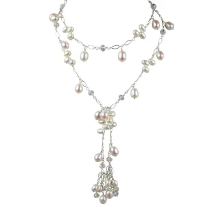 Pearl & Austrian Crystal Lariat Necklace | AAA 7-8.5mm  Rice & Dancing Freshwater Cultured