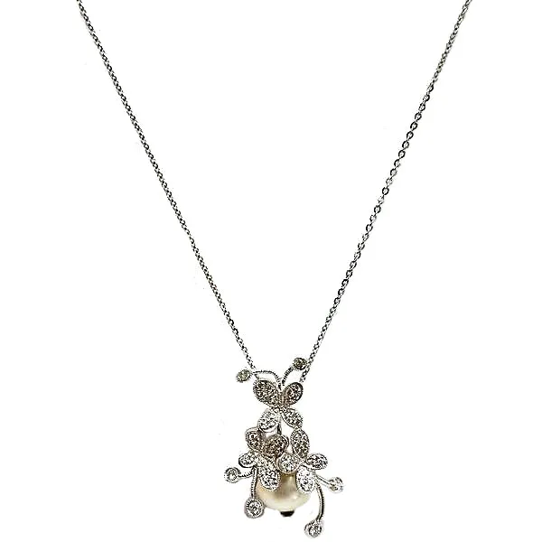 Pearl and Diamond Flower Pendant Necklace