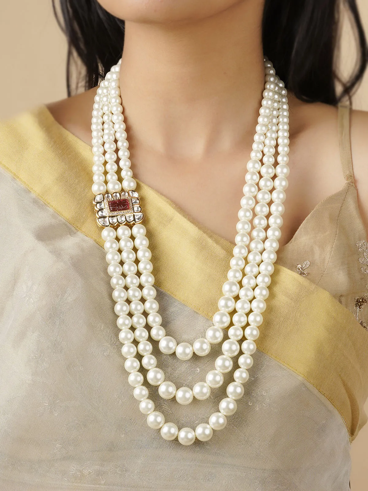 Pink Color Gold Plated Jadau Kundan Necklace/Mala - MN399P