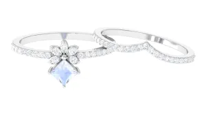 Princess Cut Moonstone and Diamond Flower Ring Set