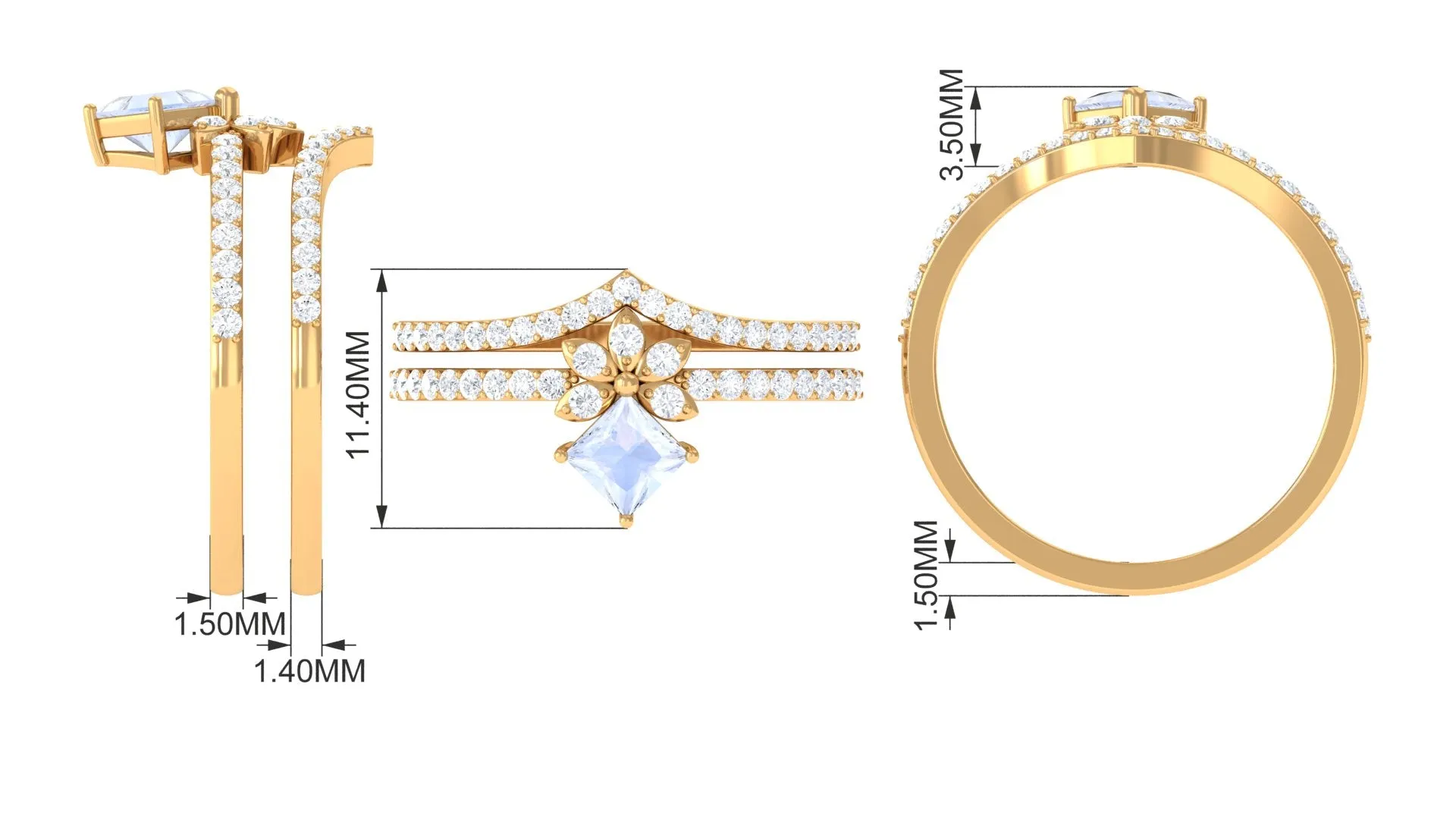 Princess Cut Moonstone and Diamond Flower Ring Set