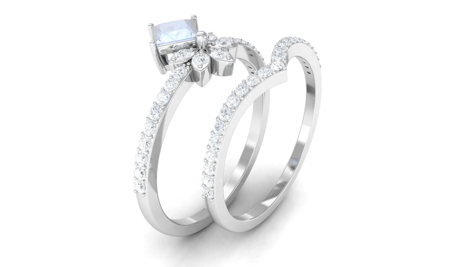 Princess Cut Moonstone and Diamond Flower Ring Set