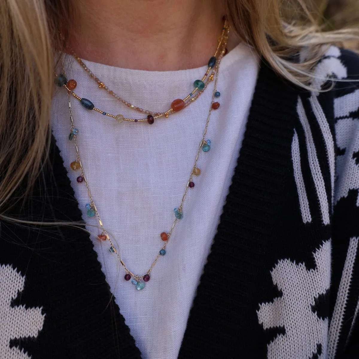 Quartz, Garnet, Sunstone, Blue Topaz, Mix Long Necklace