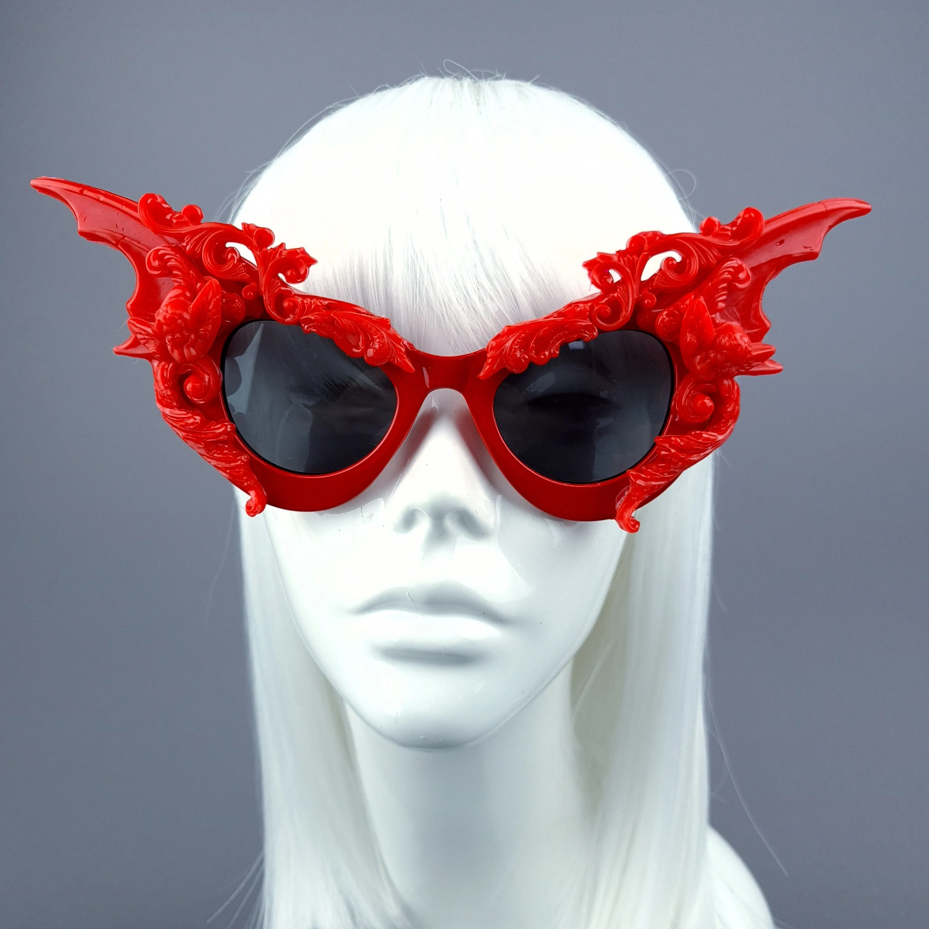 "Bathory" Red Filigree Ornate Bat Wing & Cherub  Sunglasses