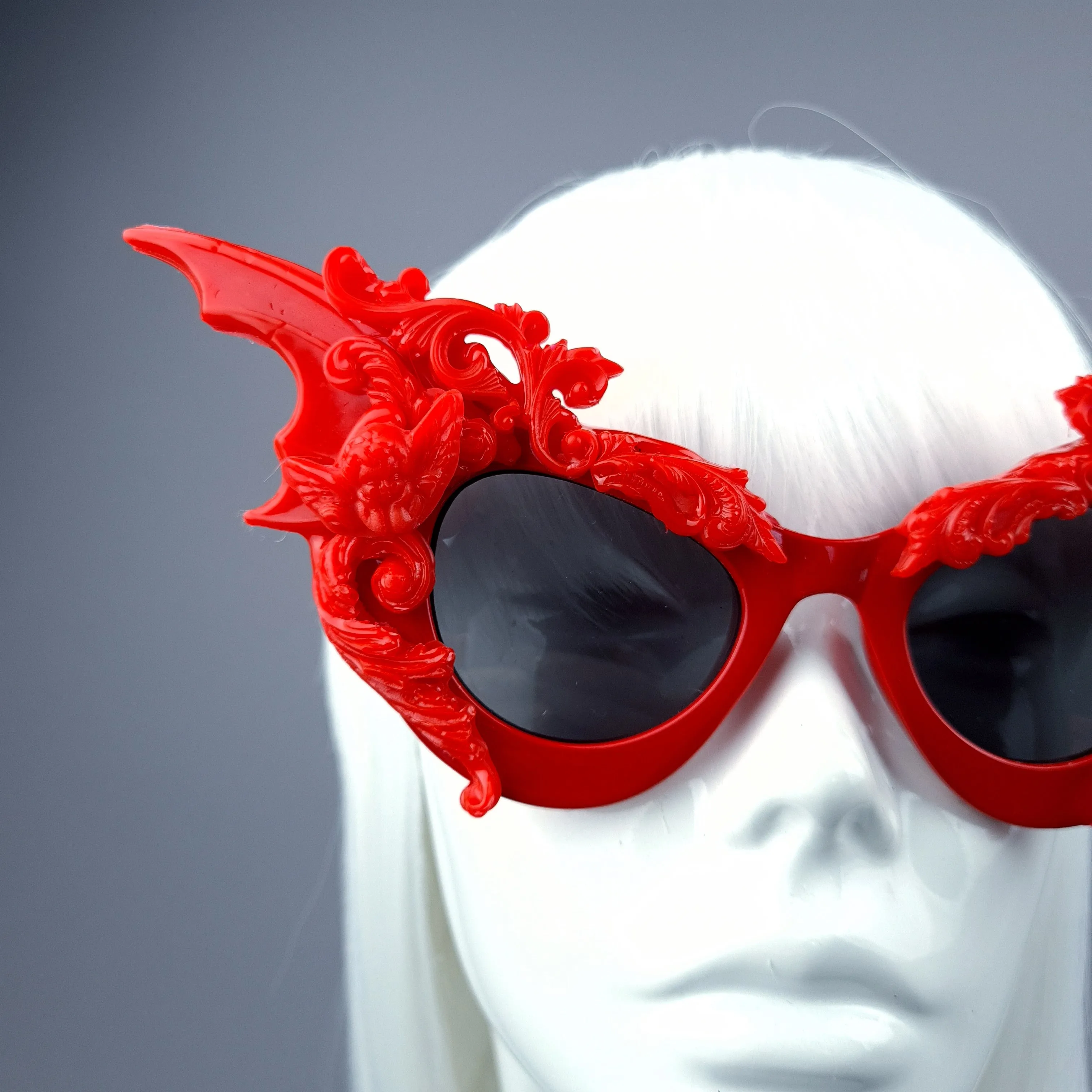 "Bathory" Red Filigree Ornate Bat Wing & Cherub  Sunglasses