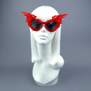 "Bathory" Red Filigree Ornate Bat Wing & Cherub  Sunglasses