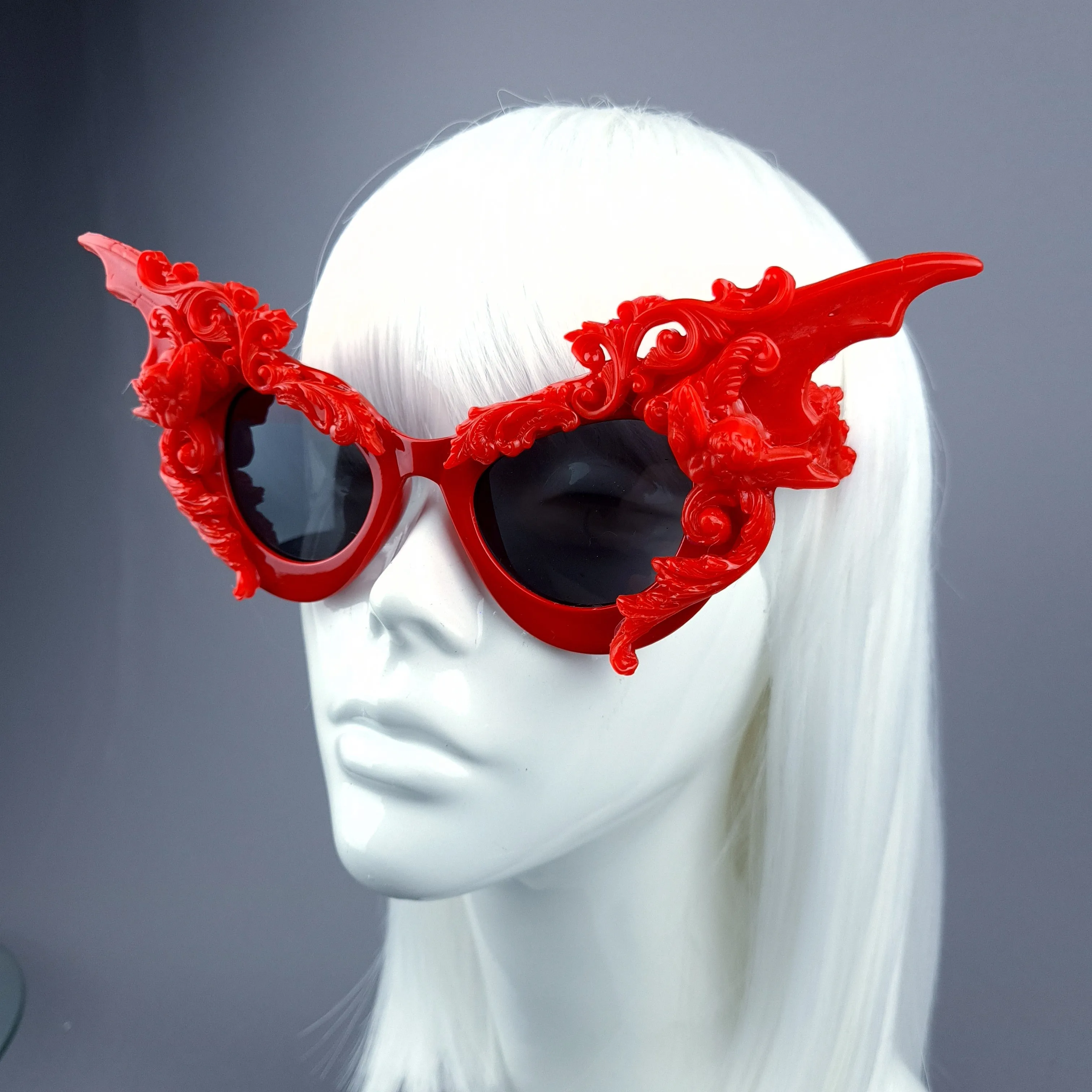 "Bathory" Red Filigree Ornate Bat Wing & Cherub  Sunglasses