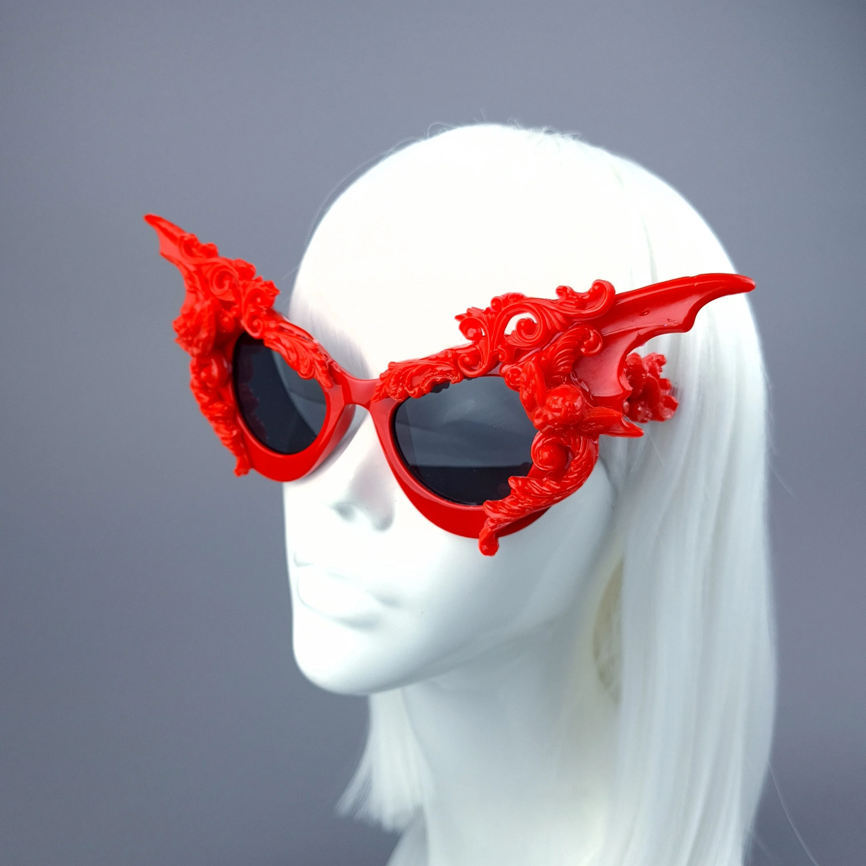 "Bathory" Red Filigree Ornate Bat Wing & Cherub  Sunglasses