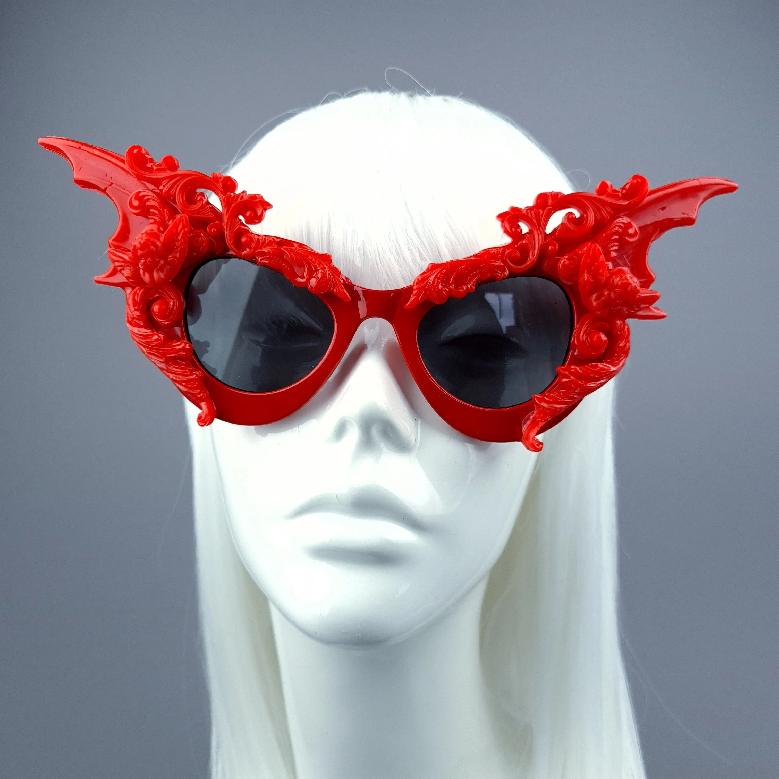 "Bathory" Red Filigree Ornate Bat Wing & Cherub  Sunglasses