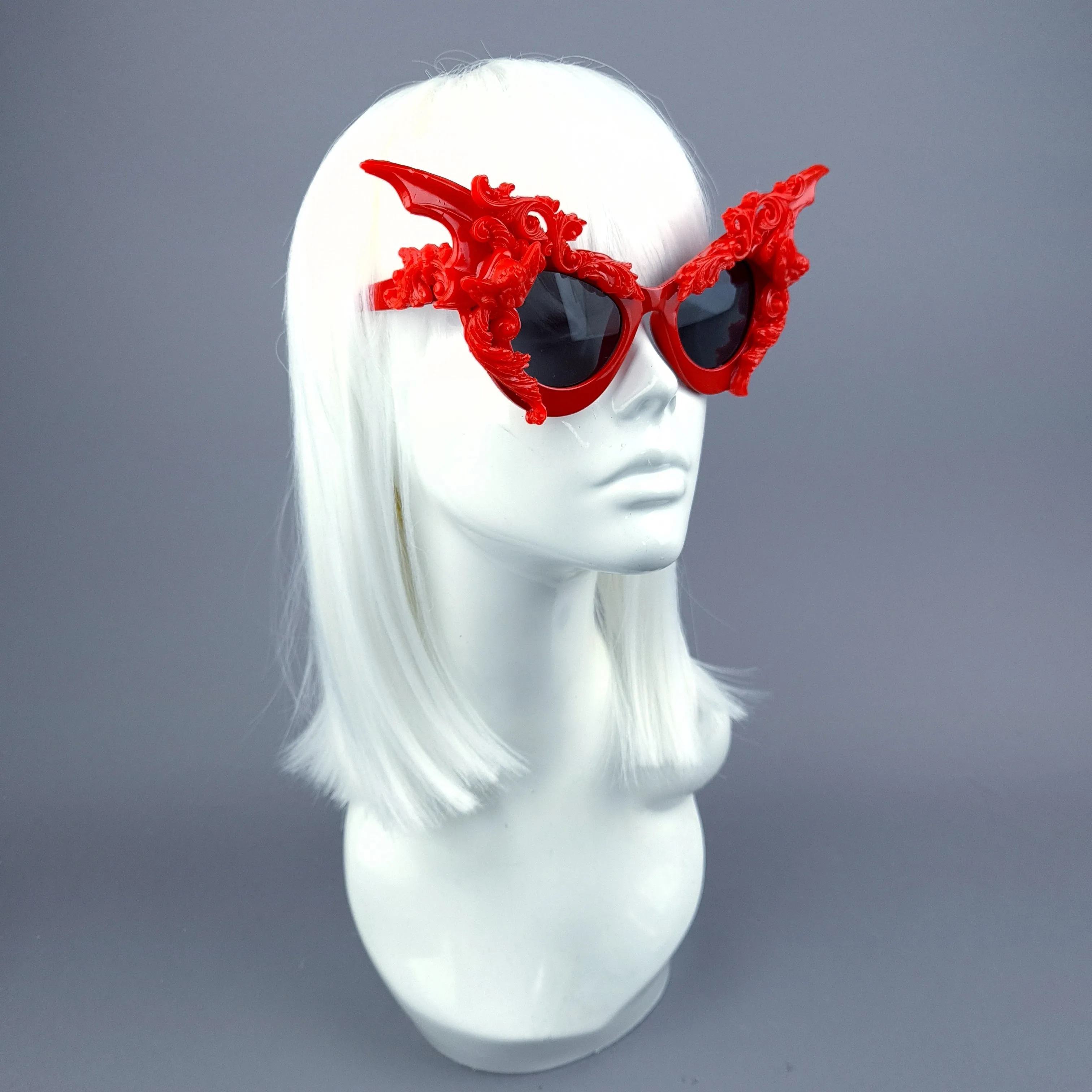 "Bathory" Red Filigree Ornate Bat Wing & Cherub  Sunglasses