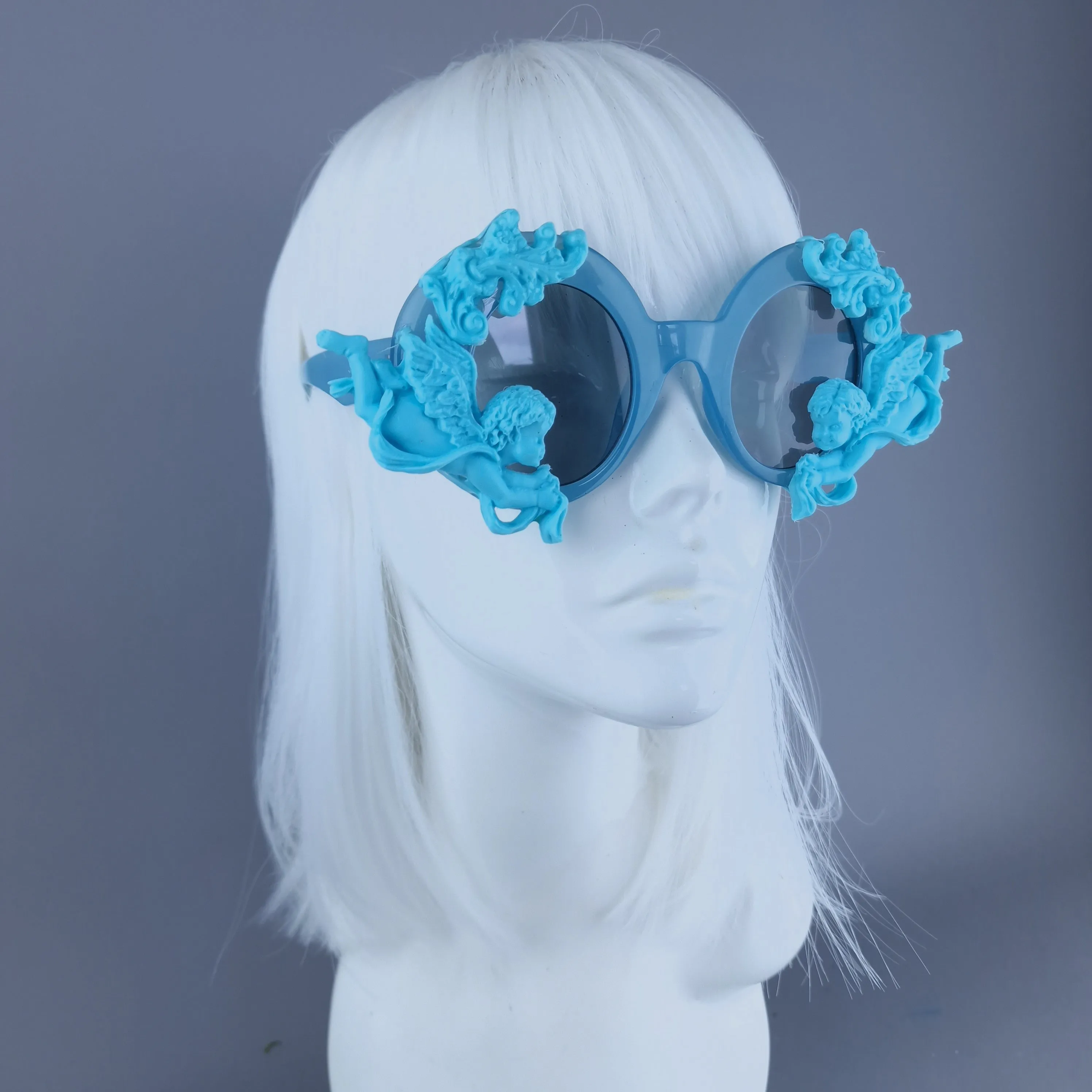 "Nesta" Round Pastel Blue Filigree & Cherub Sunglasses