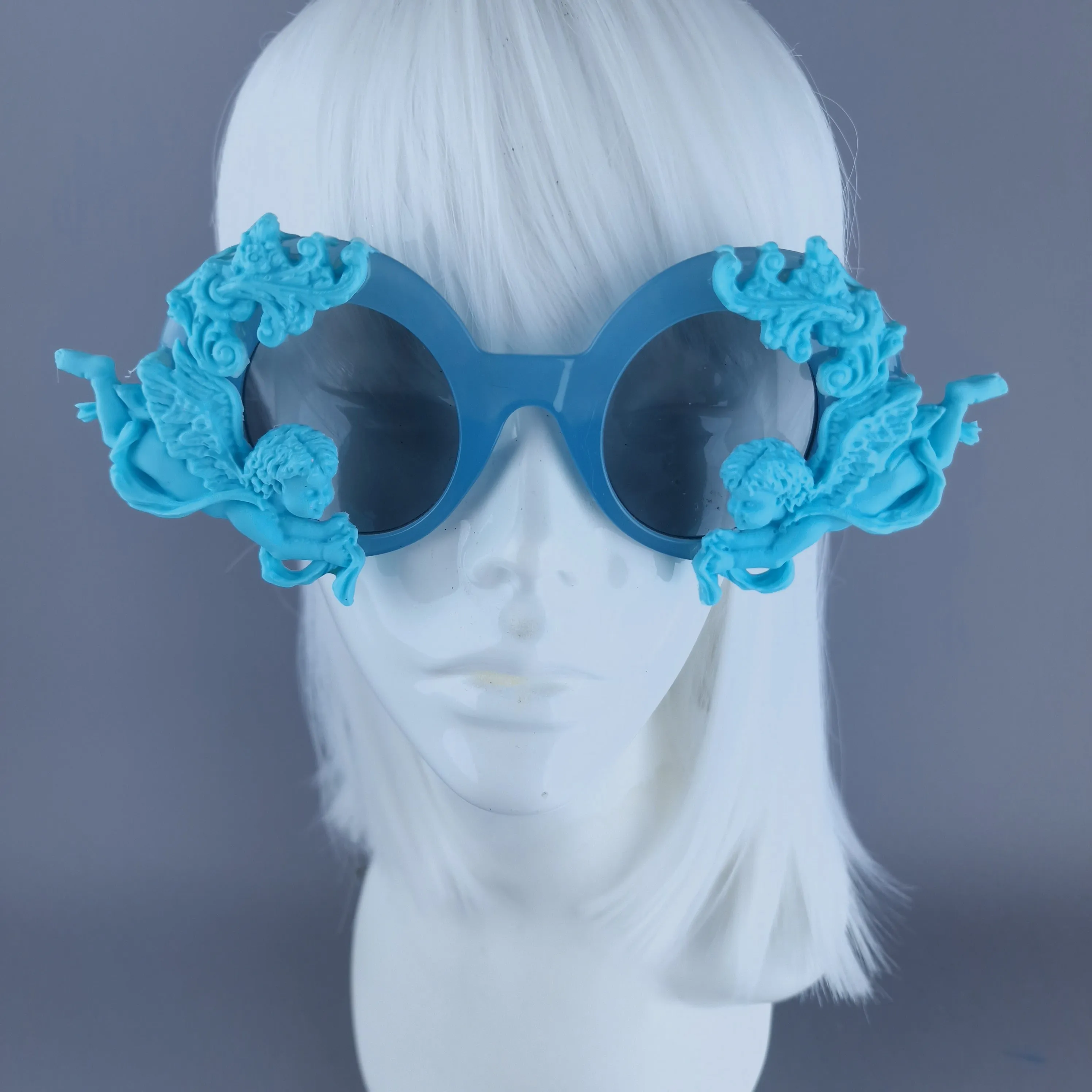 "Nesta" Round Pastel Blue Filigree & Cherub Sunglasses