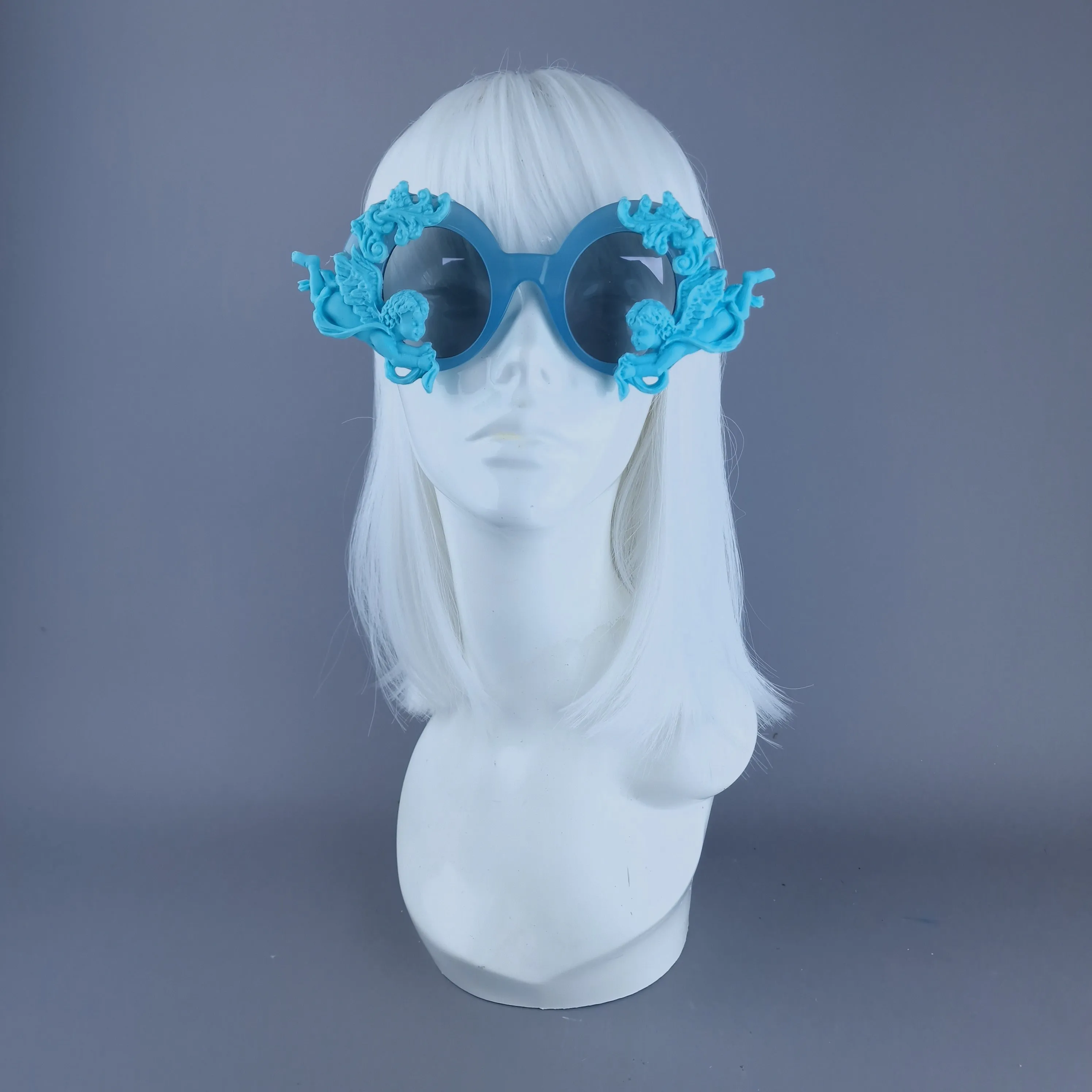 "Nesta" Round Pastel Blue Filigree & Cherub Sunglasses