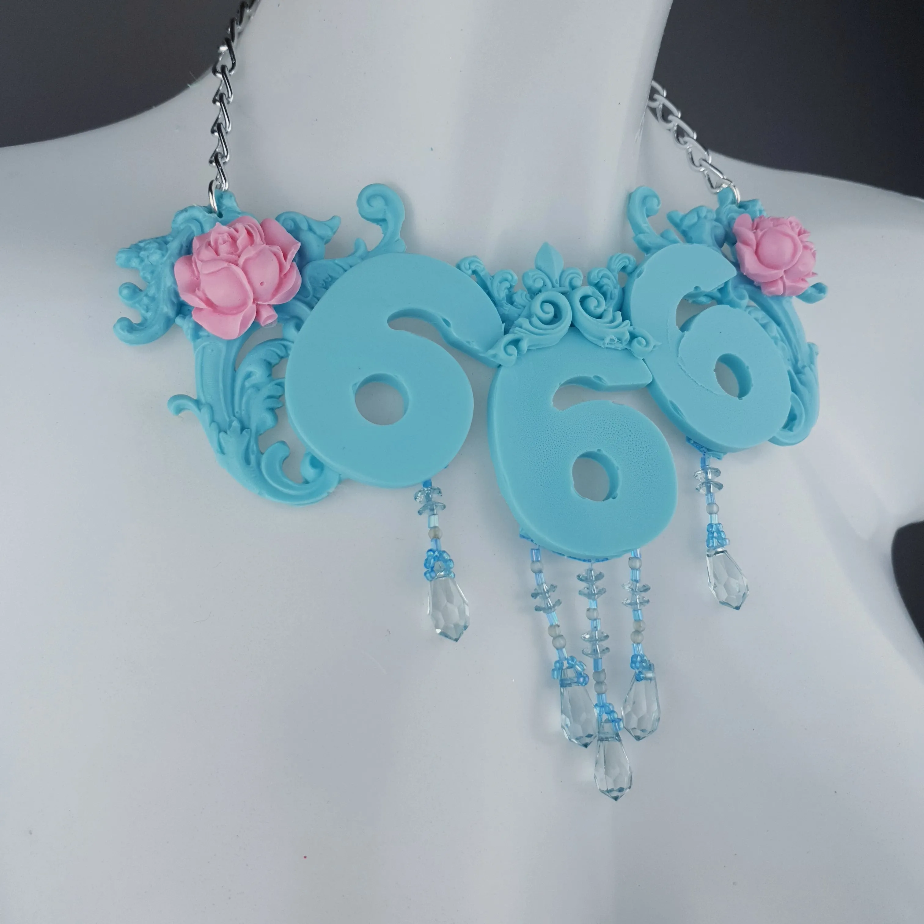 "Omen" Pastel Blue & Pink 666 Filigree & Beading Neckpiece