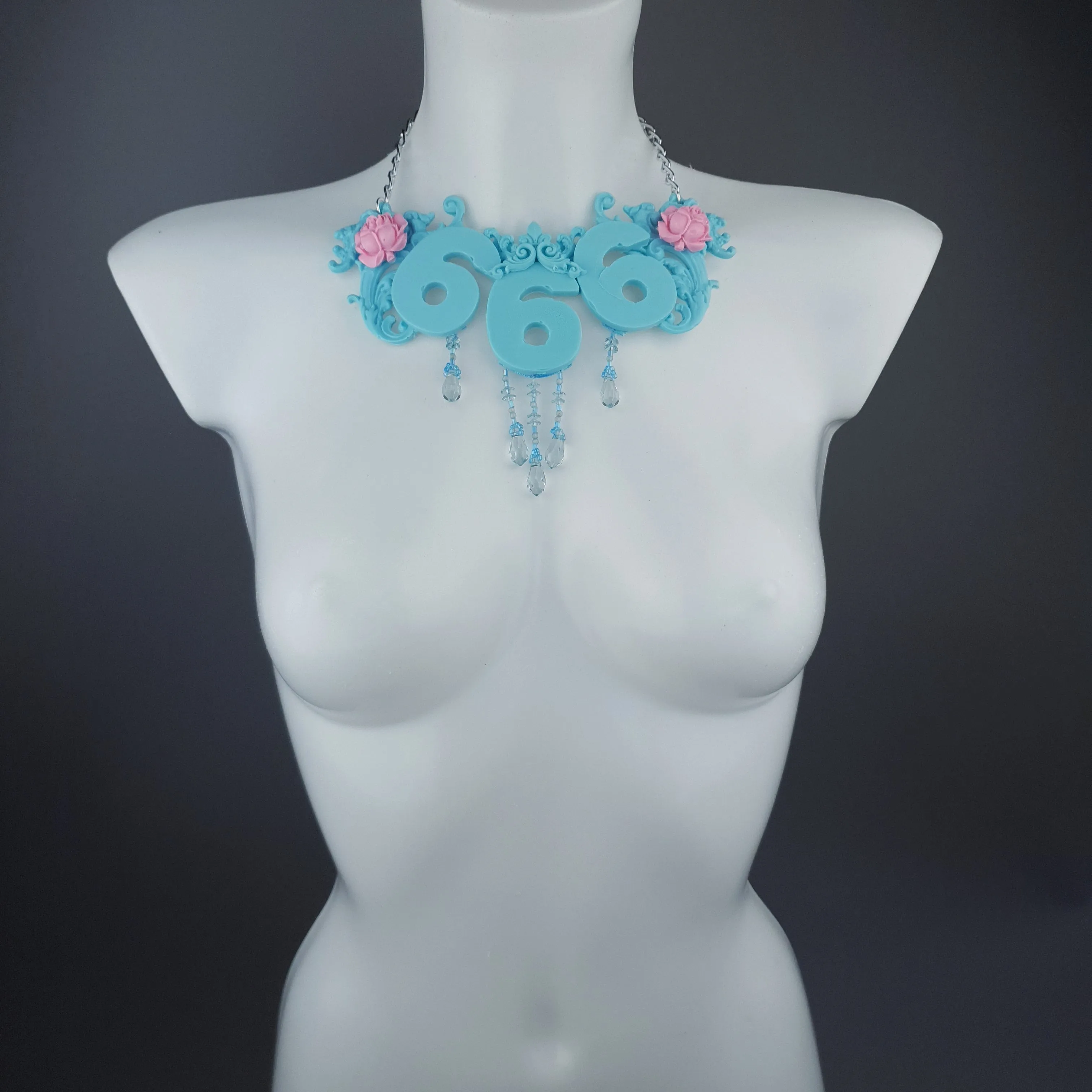 "Omen" Pastel Blue & Pink 666 Filigree & Beading Neckpiece