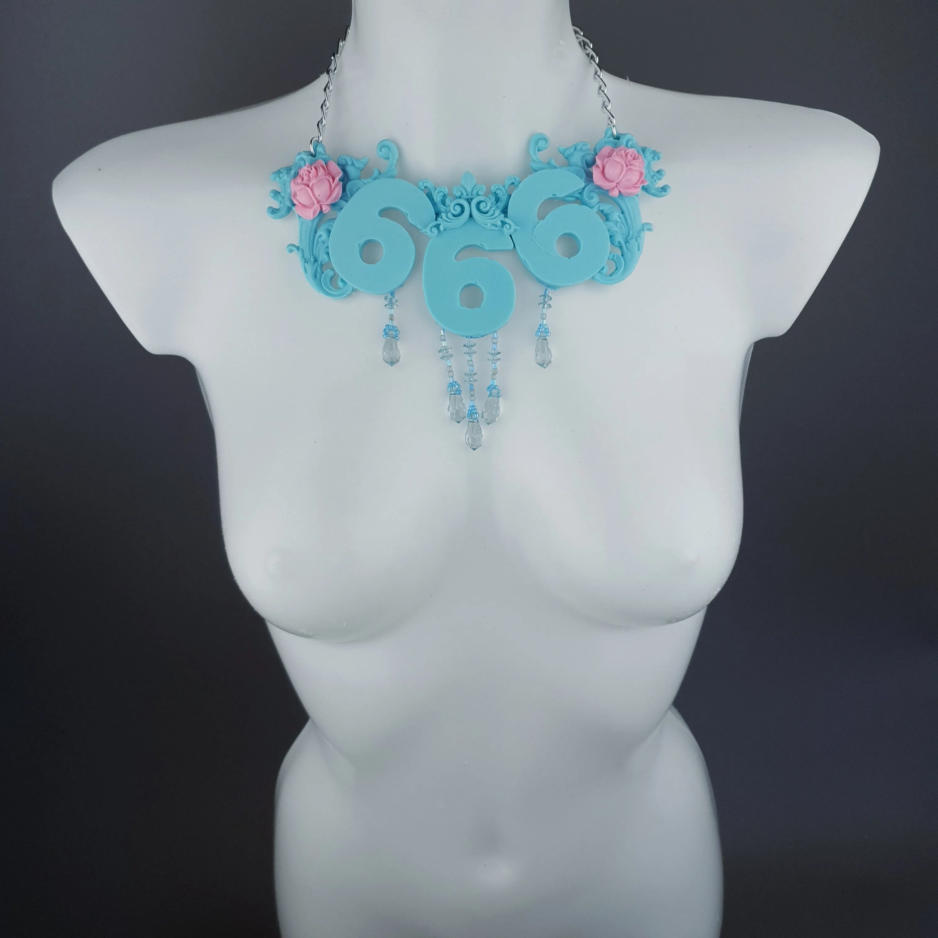 "Omen" Pastel Blue & Pink 666 Filigree & Beading Neckpiece