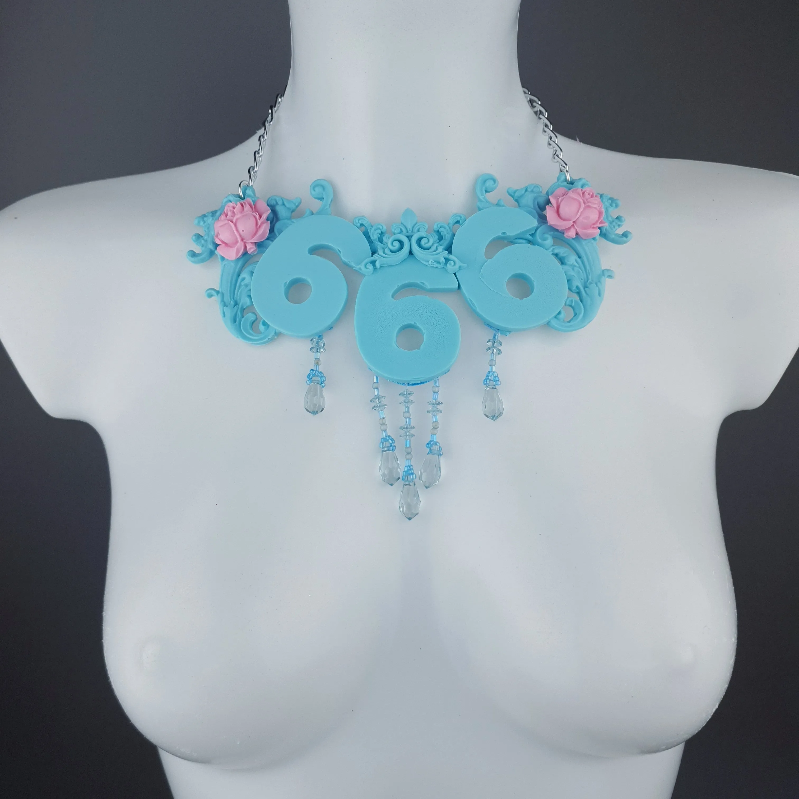 "Omen" Pastel Blue & Pink 666 Filigree & Beading Neckpiece