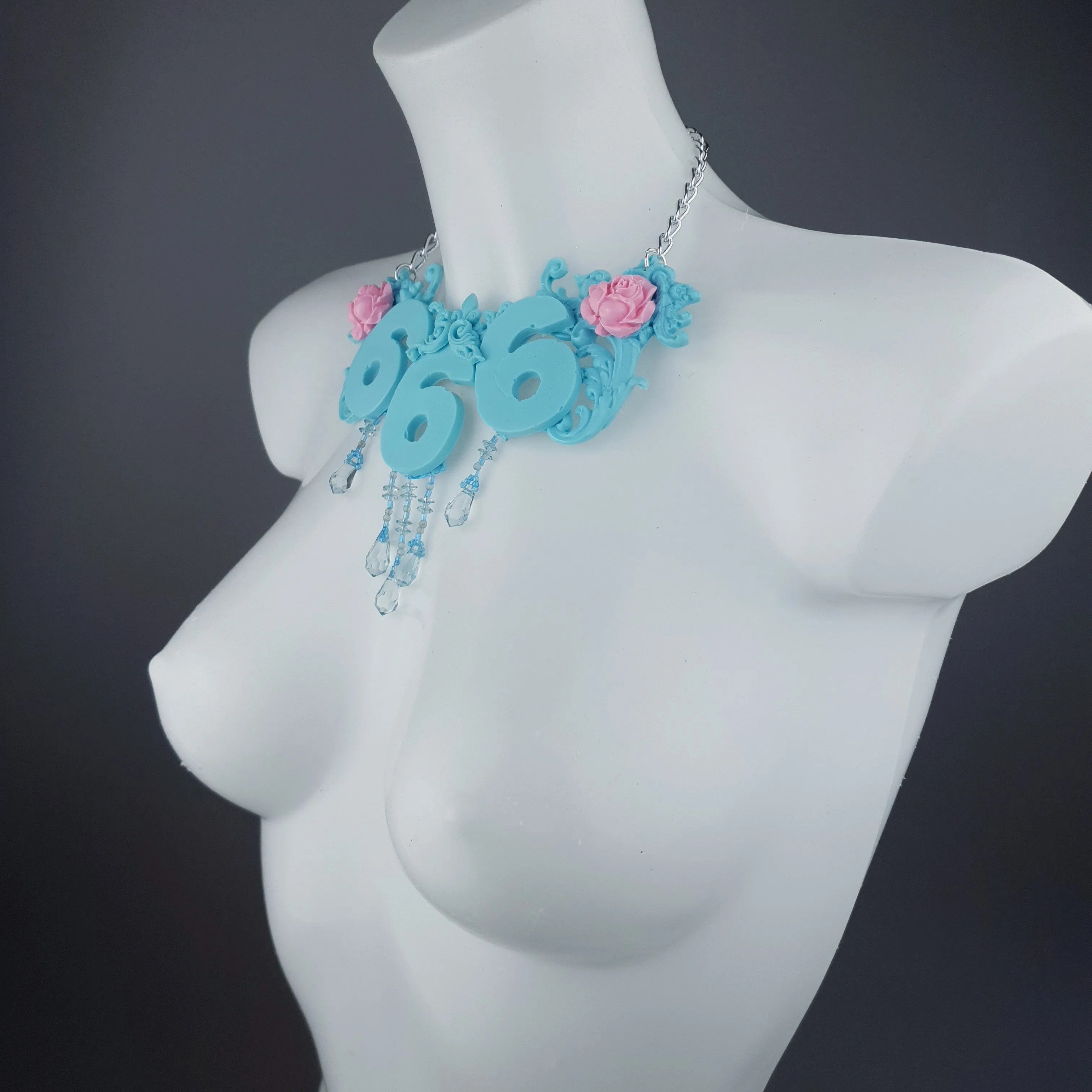 "Omen" Pastel Blue & Pink 666 Filigree & Beading Neckpiece