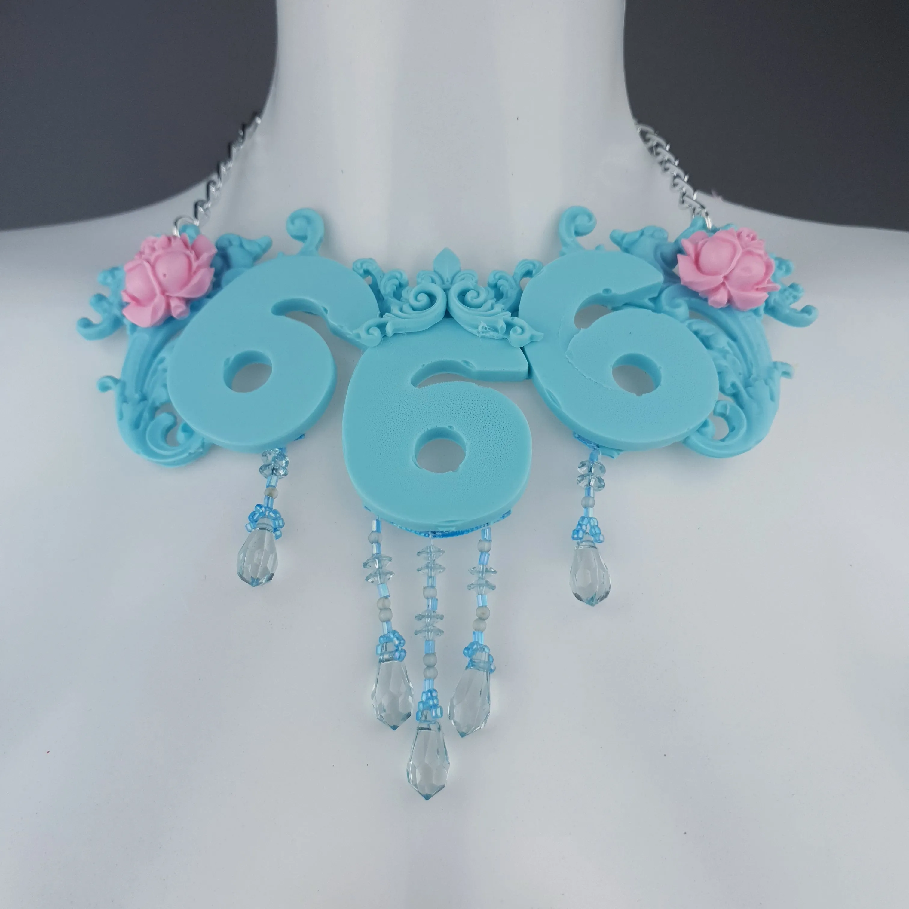 "Omen" Pastel Blue & Pink 666 Filigree & Beading Neckpiece